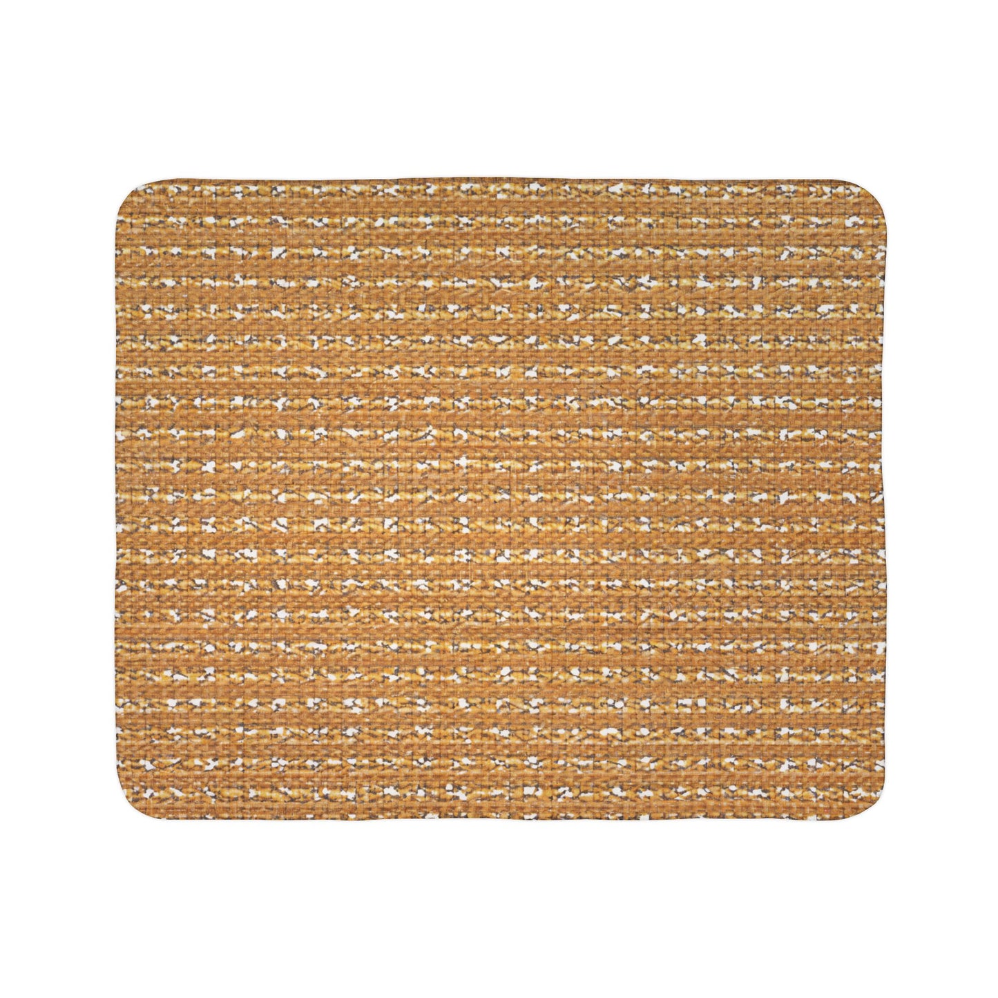 A rectangular mat with rounded corners featuring a woven pattern of golden-yellow and white threads. The ribbed texture adds to its rustic, cozy home decor vibe. The mat is displayed on a plain white background.
