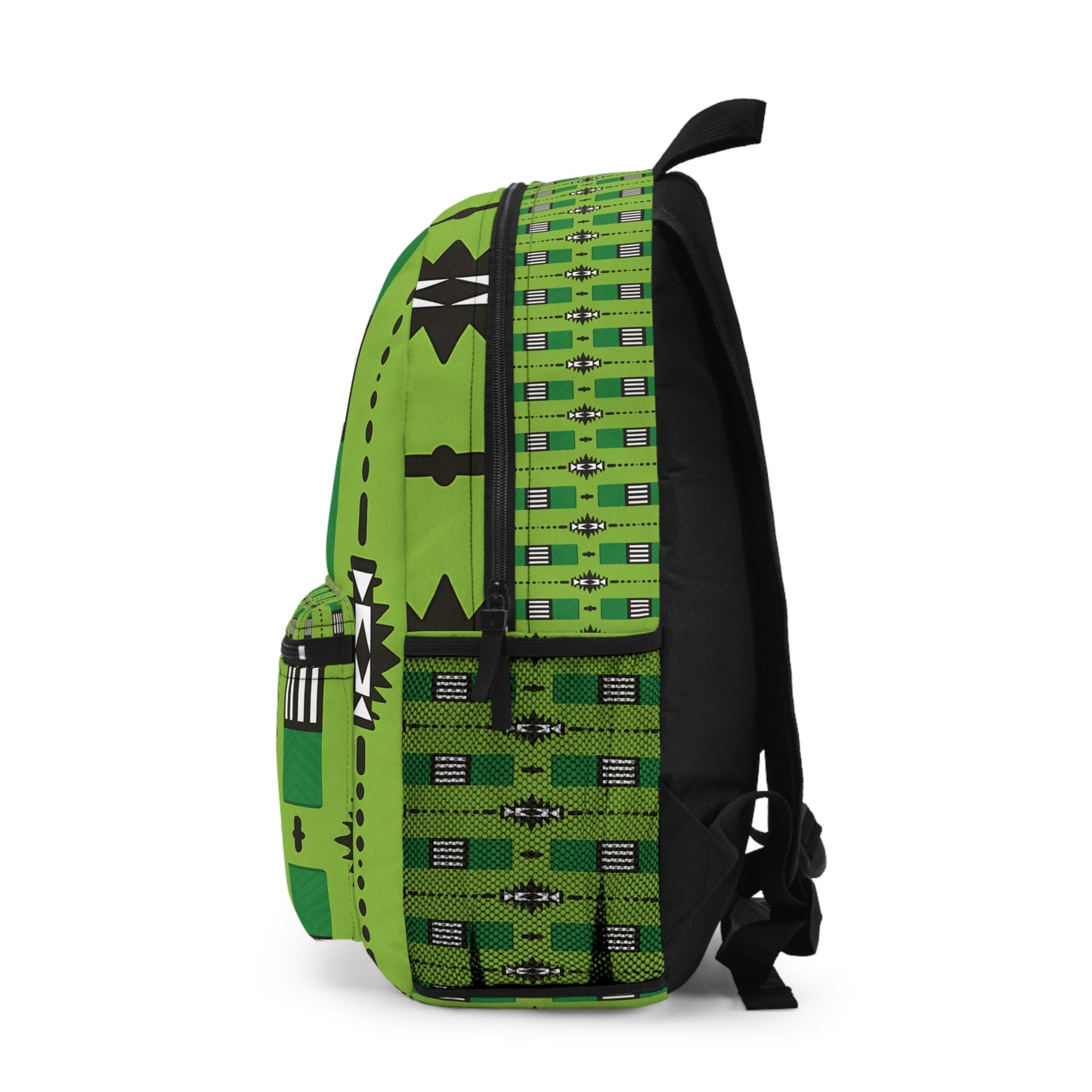 A side view of an African-inspired backpack with bright green and black geometric patterns, including triangles and rectangles, plus intricate tribal-style designs. This travel backpack features a front pocket, black zipper, black straps, and a top handle.