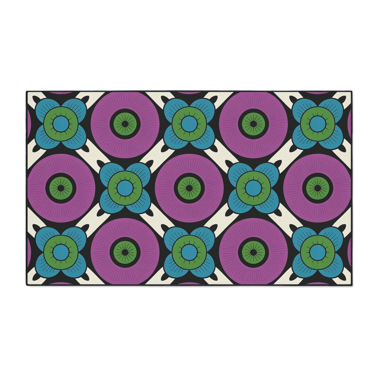 A rectangular non-slip rug with a repeating floral pattern. Large purple circles with dark centers are surrounded by smaller blue-green flowers on cream, separated by black lines, creating a bold, geometric, retro look perfect for African-inspired home decor.