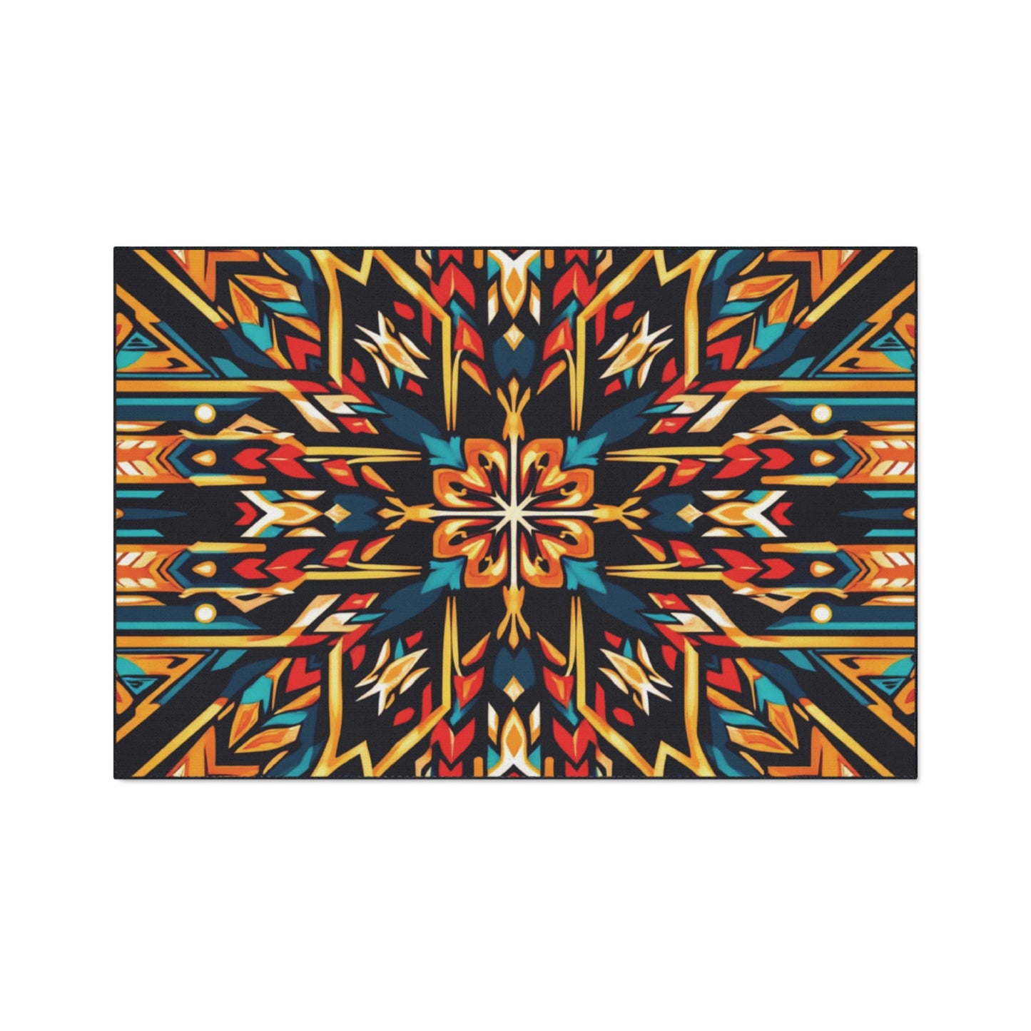 A symmetrical, geometric pattern featuring vibrant colors—red, orange, turquoise, yellow, and black—radiates from a floral-like center. Bold lines and arrow motifs evoke African-inspired home decor for a dynamic, kaleidoscopic effect.