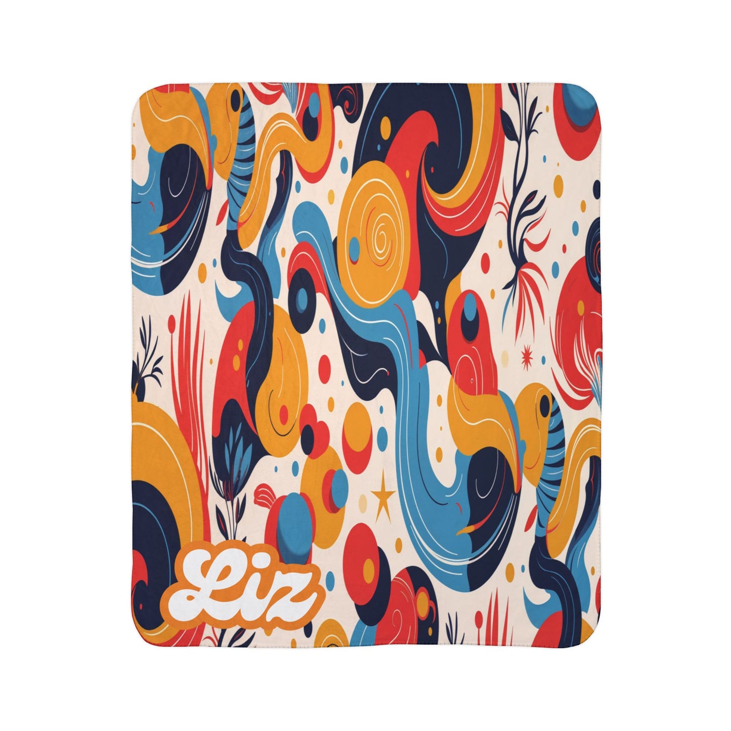 A rectangular sherpa fleece mat with Liz in white cursive at the bottom left. The surface features an abstract, colorful design of swirling shapes, dots, and lines in blue, red, yellow, and orange on a cream background.