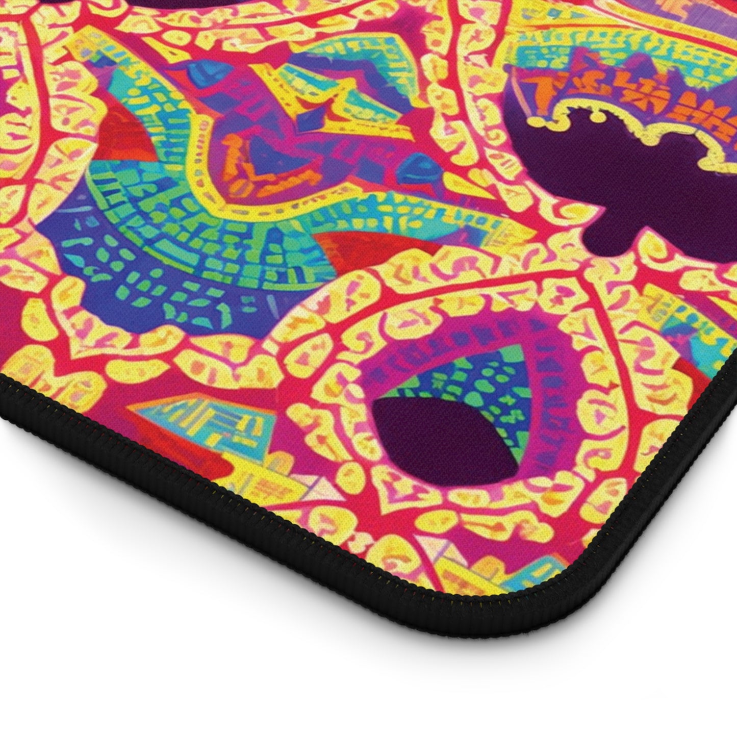 A close-up of a colorful neoprene desk mat with a black stitched edge. The vivid red, yellow, purple, blue, and green shapes form intricate patterns reminiscent of stained glass or mosaic art—a vibrant, colorful workspace accessory.
