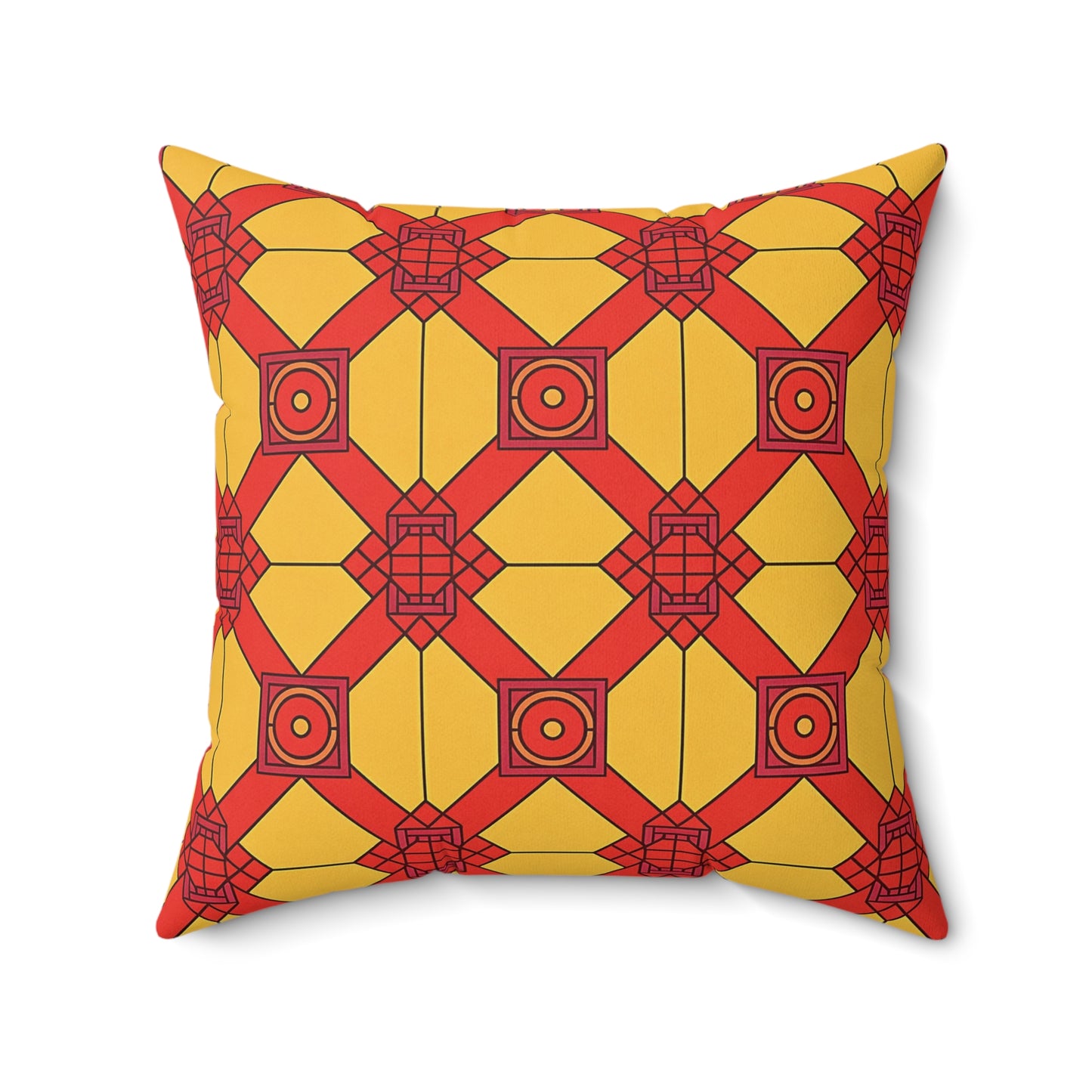 Square faux suede pillow featuring a bold geometric pattern with red lines forming diamond and square shapes over a yellow background. This modern African accent pillow includes concentric circles and rectangles for a striking, symmetrical look.