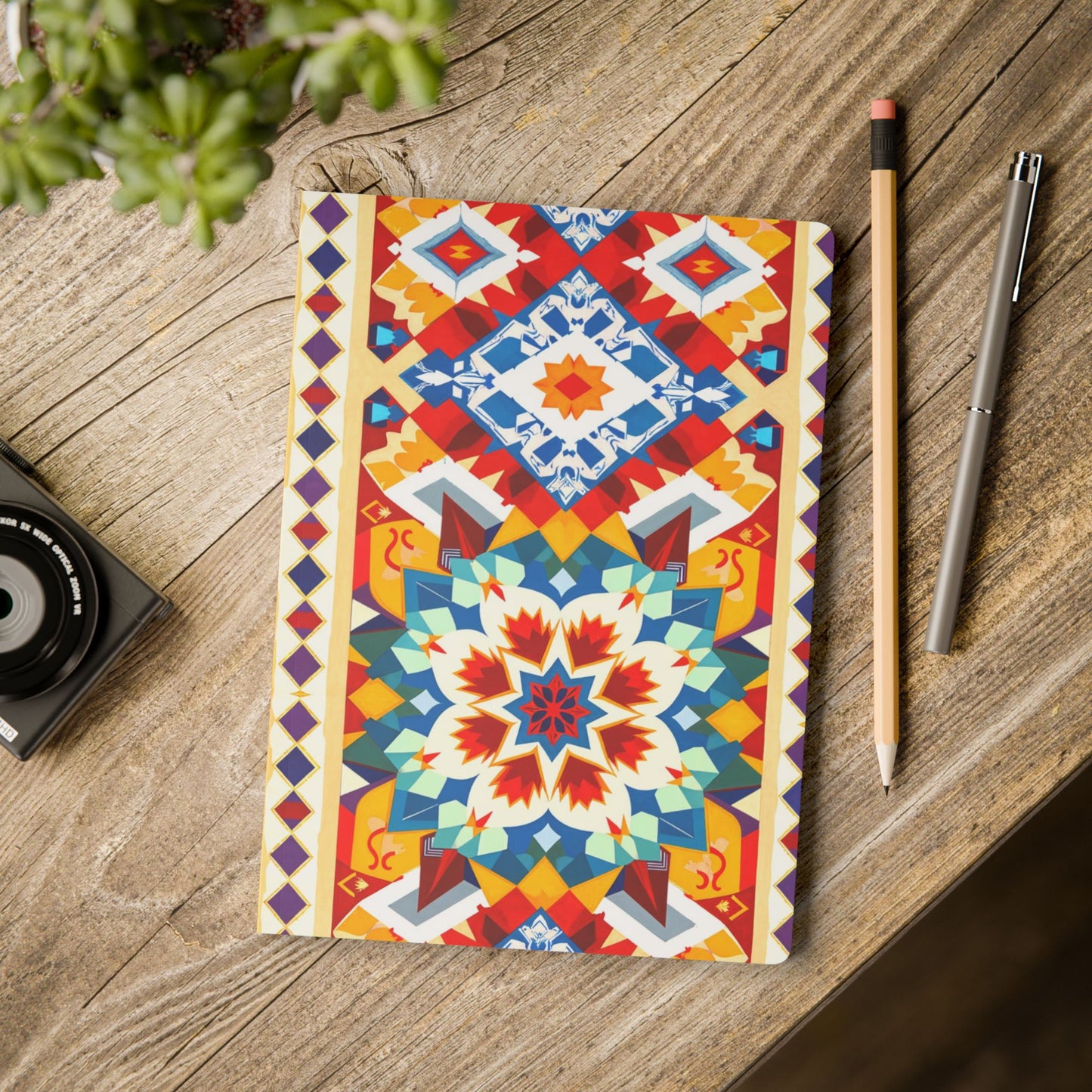 An African-inspired journal with a vibrant, geometric, multicolor mandala cover lies on a wooden table. Next to it are a pencil, a pen, and a camera lens. The edge of a green leafy plant appears in the upper left corner.