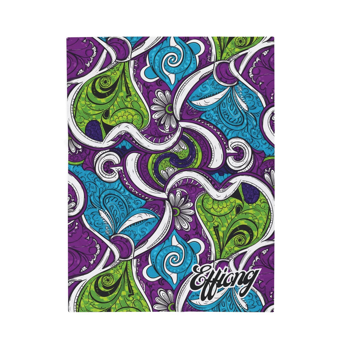 A vibrant notebook cover features an intricate, swirling paisley pattern in green, blue, purple, and white—reminiscent of an African-inspired blanket. Black outlines accentuate the abstract floral and leaf shapes. “Effiang” is printed in bold white script at the bottom right corner.
