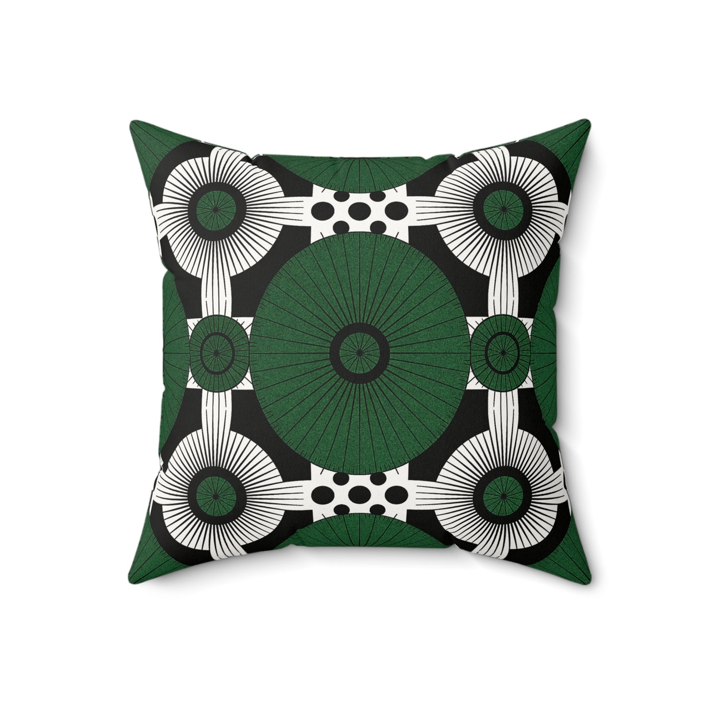 Square accent pillow with a bold geometric design in green, black, and white. Inspired by African pattern pillow styles, it features large green ovals and radiating lines for a modern, symmetrical look—crafted from soft faux suede.