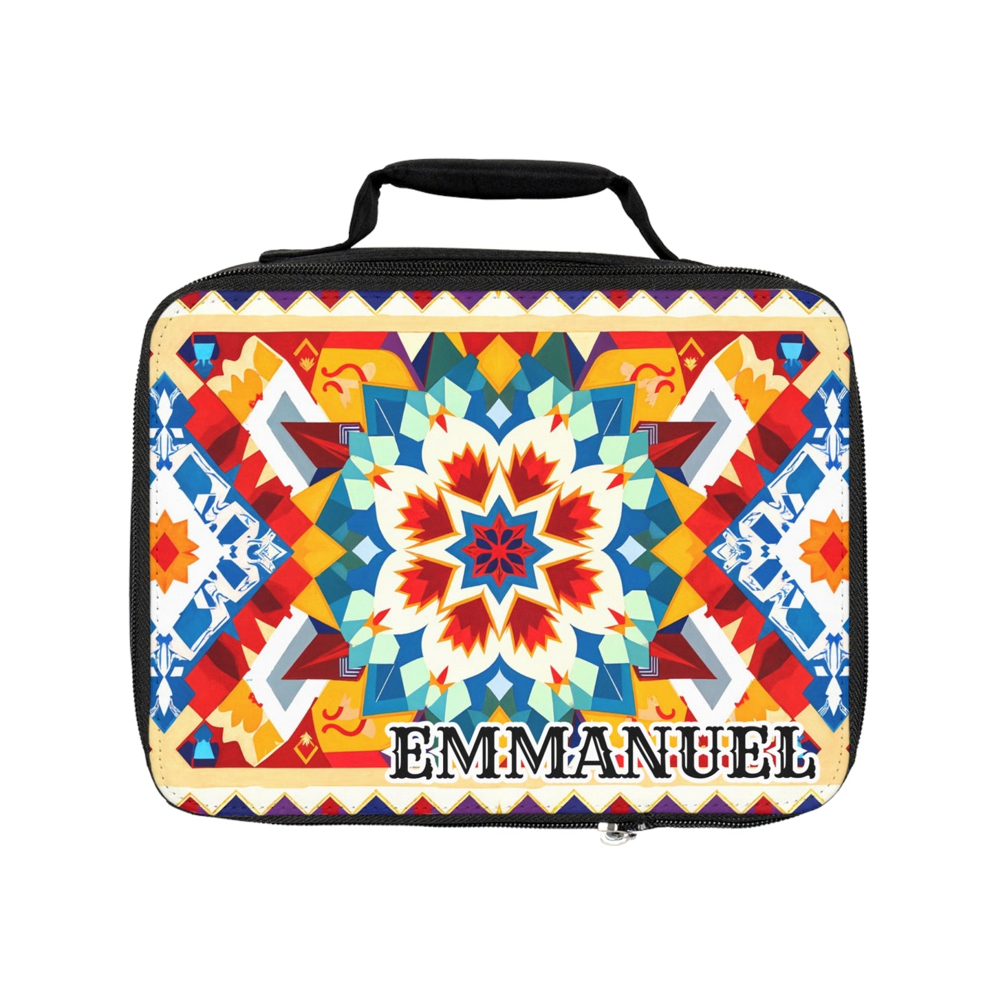 A rectangular, African-inspired lunch bag with a black handle features a vibrant geometric mandala design in red, yellow, blue, and white. The name “EMMANUEL” is boldly printed at the bottom for a stylish personalized lunch bag.