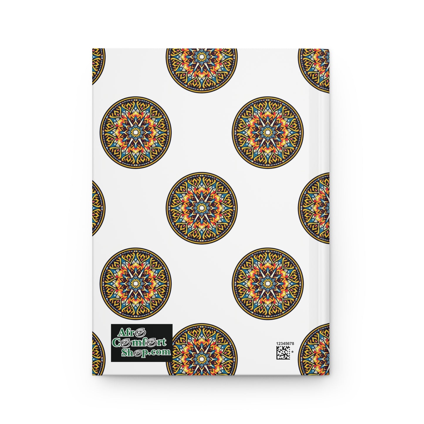 A white African-inspired hardcover journal is decorated with evenly spaced round mandala designs in orange, blue, and green tones. In the bottom left corner, a black AfroComiArt shop.com logo and a small black QR code sit side by side.