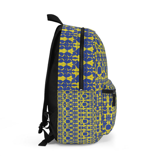 Side view of an African-inspired backpack featuring a vibrant geometric pattern in blue and yellow. The bag has a black zipper, black adjustable straps, a side handle, and a front pocket, with interconnected shapes forming a bold, eye-catching motif.