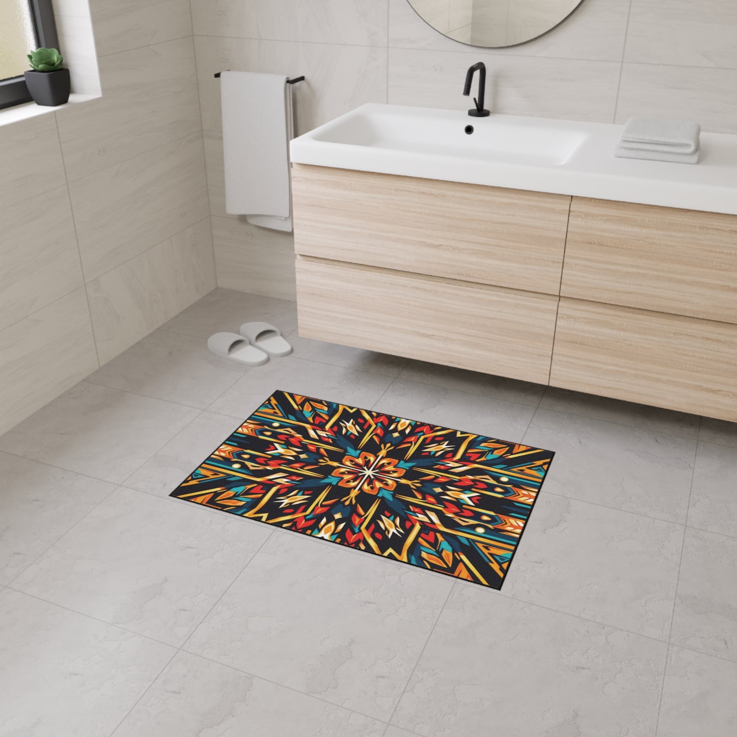 A modern bathroom with light wood cabinets, a white sink, round mirror, and white towels. Colorful, geometric-patterned non-slip rug on the gray tile floor adds vibrant symmetry for lively African-inspired home decor.