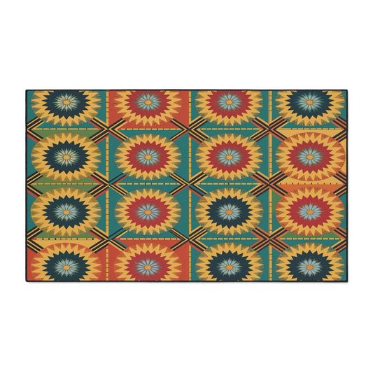 A rectangular rug with African-inspired aesthetics, featuring a geometric pattern of repeating squares. Each square displays a radial starburst in yellow, red, teal, and dark blue for a colorful, symmetrical look—complete with non-slip rubber backing.