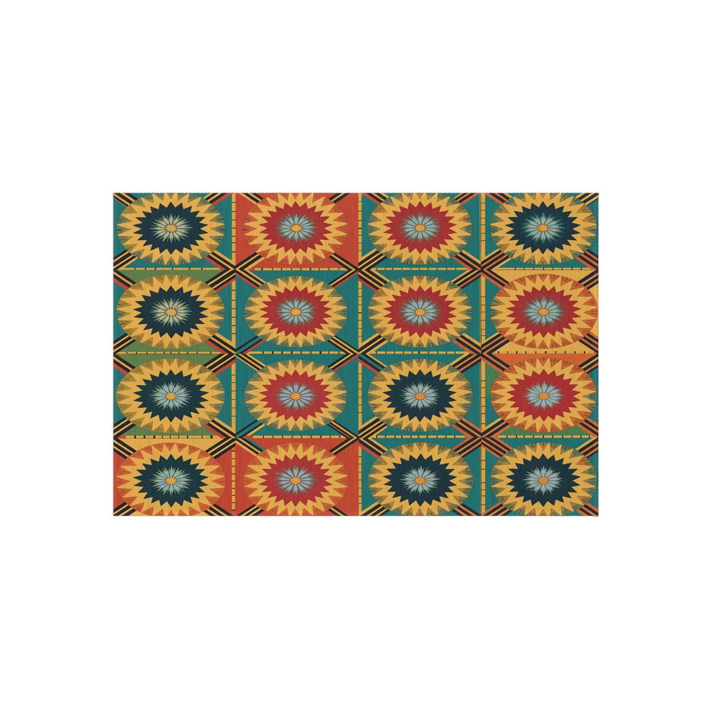 A rectangular pattern features rows of geometric starburst shapes in red, gold, and teal, each inside a square. The design draws from African-inspired outdoor rugs and is crafted with weather-resistant polyester chenille for lasting style.