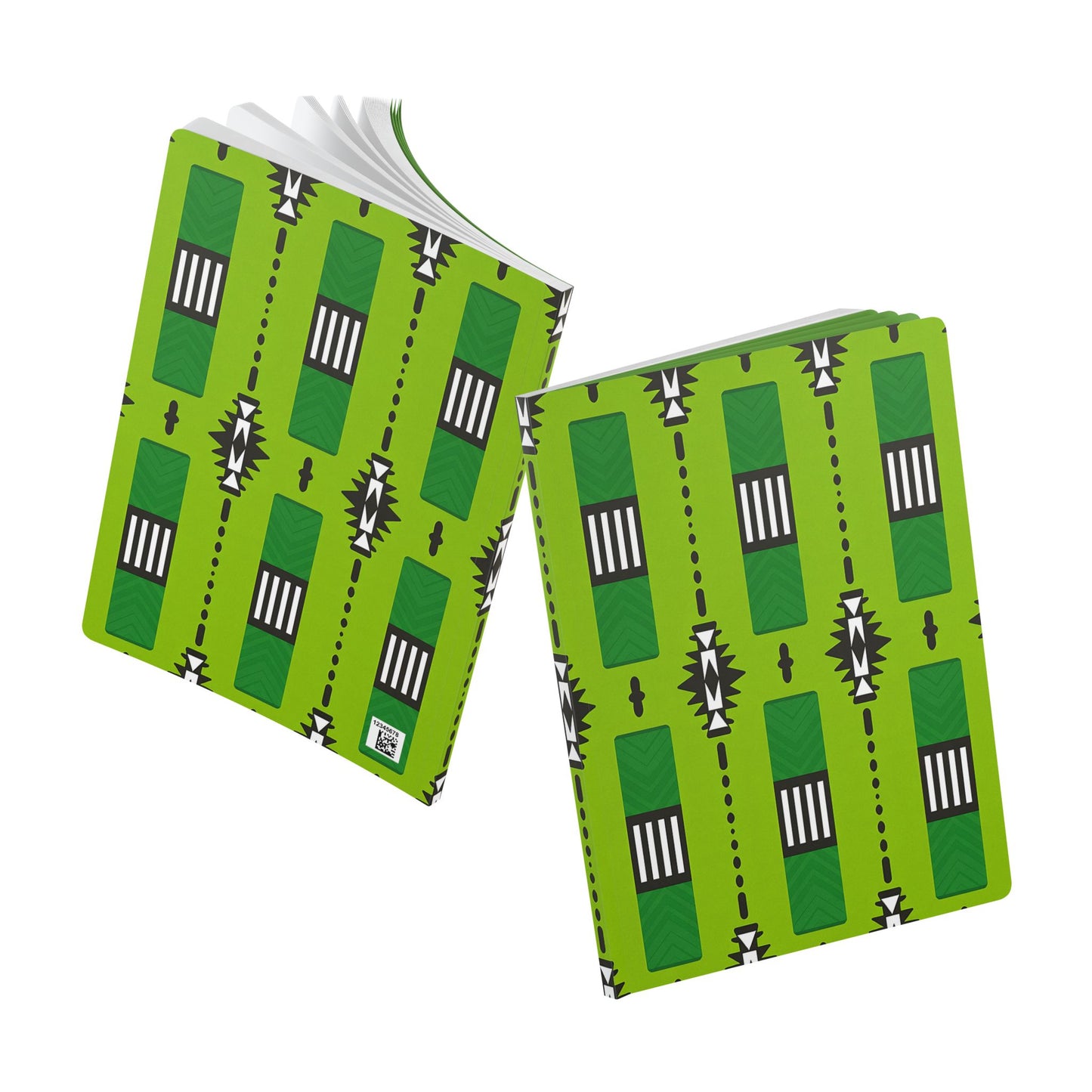 Two open books with green covers featuring a repeating pattern of dark green rectangles, black and white geometric shapes, and dotted vertical lines. Perfect as an African-inspired journal, their pages are partially visible against a white background.
