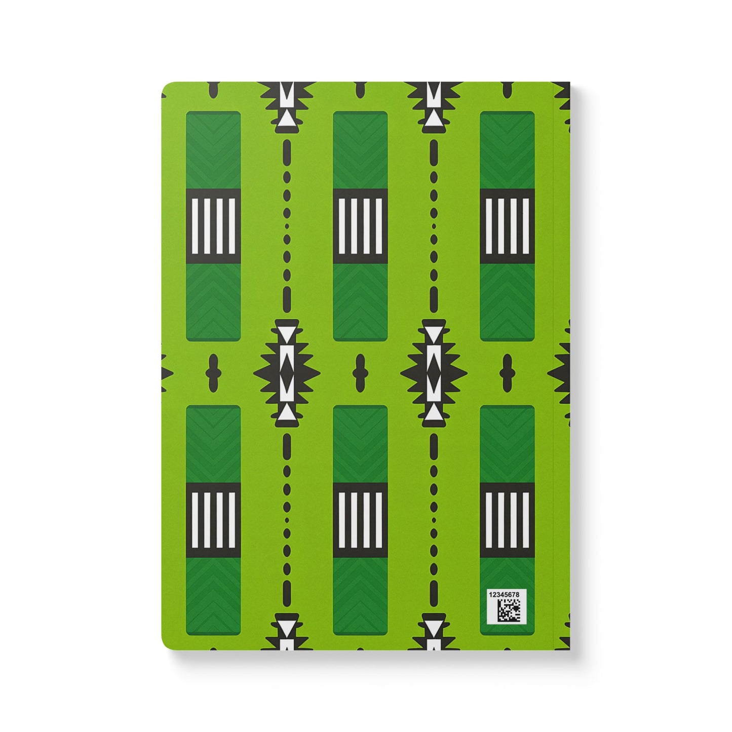 A green creative journal with a repeating geometric pattern in black and white. The design features vertical rectangles, stripes, arrow shapes, and diamond accents—perfect for daily journaling. A small white label with a QR code is in the lower right corner.