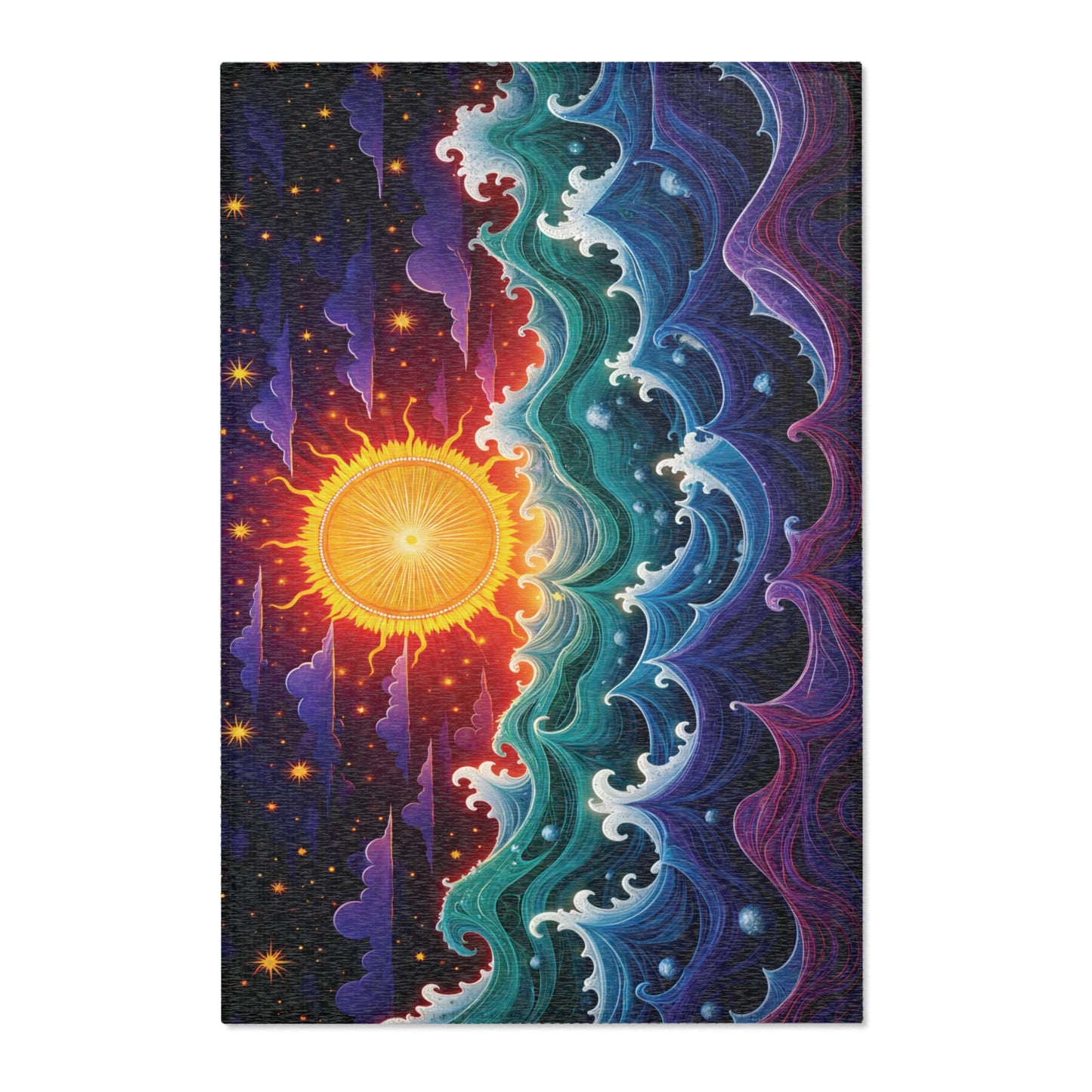A vibrant, abstract illustration shows a radiant yellow sun blending into a starry night sky. Swirling blue, teal, and purple waves meet the sun’s light, creating a dynamic contrast—perfect for stylish home decor or African design rugs.