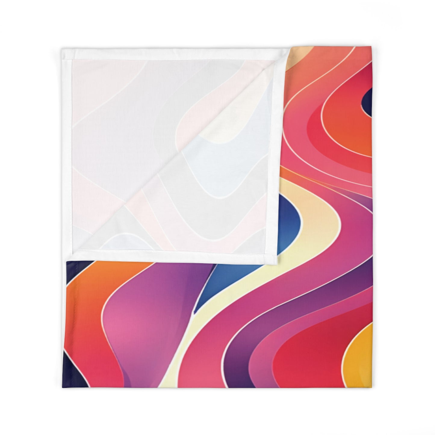 A folded rectangular cloth featuring a vibrant, wavy abstract pattern in red, orange, pink, yellow, navy, and cream hues. Perfect as a baby swaddle blanket, its flipped corner reveals a solid white underside contrasting the colorful design.