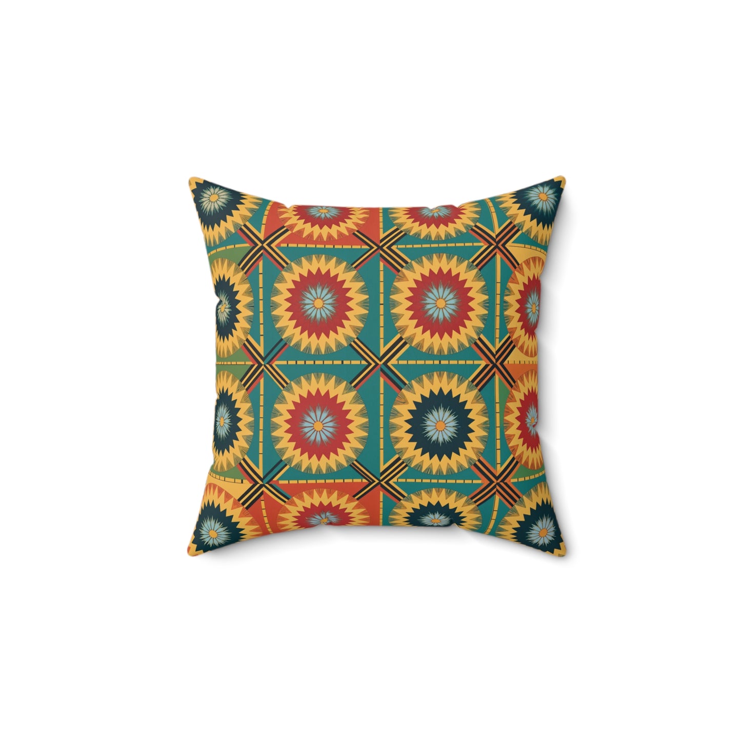 Square throw pillow with a geometric, starburst pattern in red, yellow, blue, and green. Inspired by vibrant patterns seen in African-Inspired pillows, this stylish home decor piece features radiating stars arranged in a grid on white.
