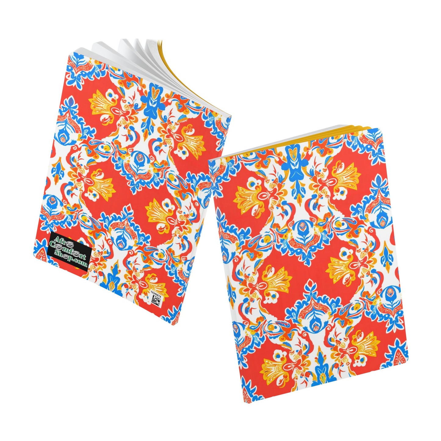 Two colorful notebooks with vibrant, ornate patterns in red, blue, yellow, and white are shown. Perfect as an African-inspired journal or for daily journaling, they feature yellow inner covers, white pages, and a black label on one notebook.