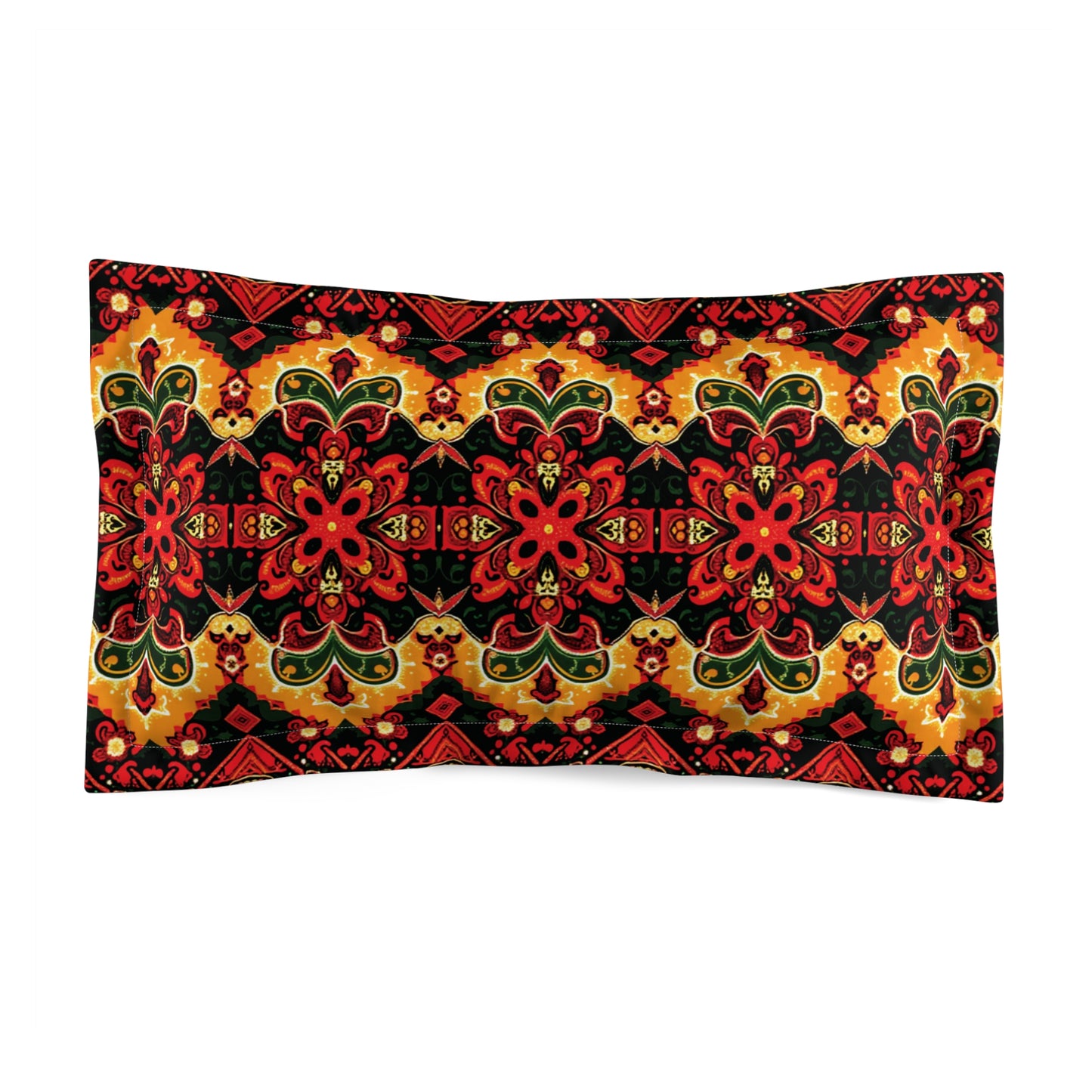 Rectangular pillowcase with an ornate, symmetrical floral pattern in red, black, gold, and green. The African-inspired design features stylized flowers, leaves, and geometric shapes for a bold, intricate, and vibrant look across the entire surface.