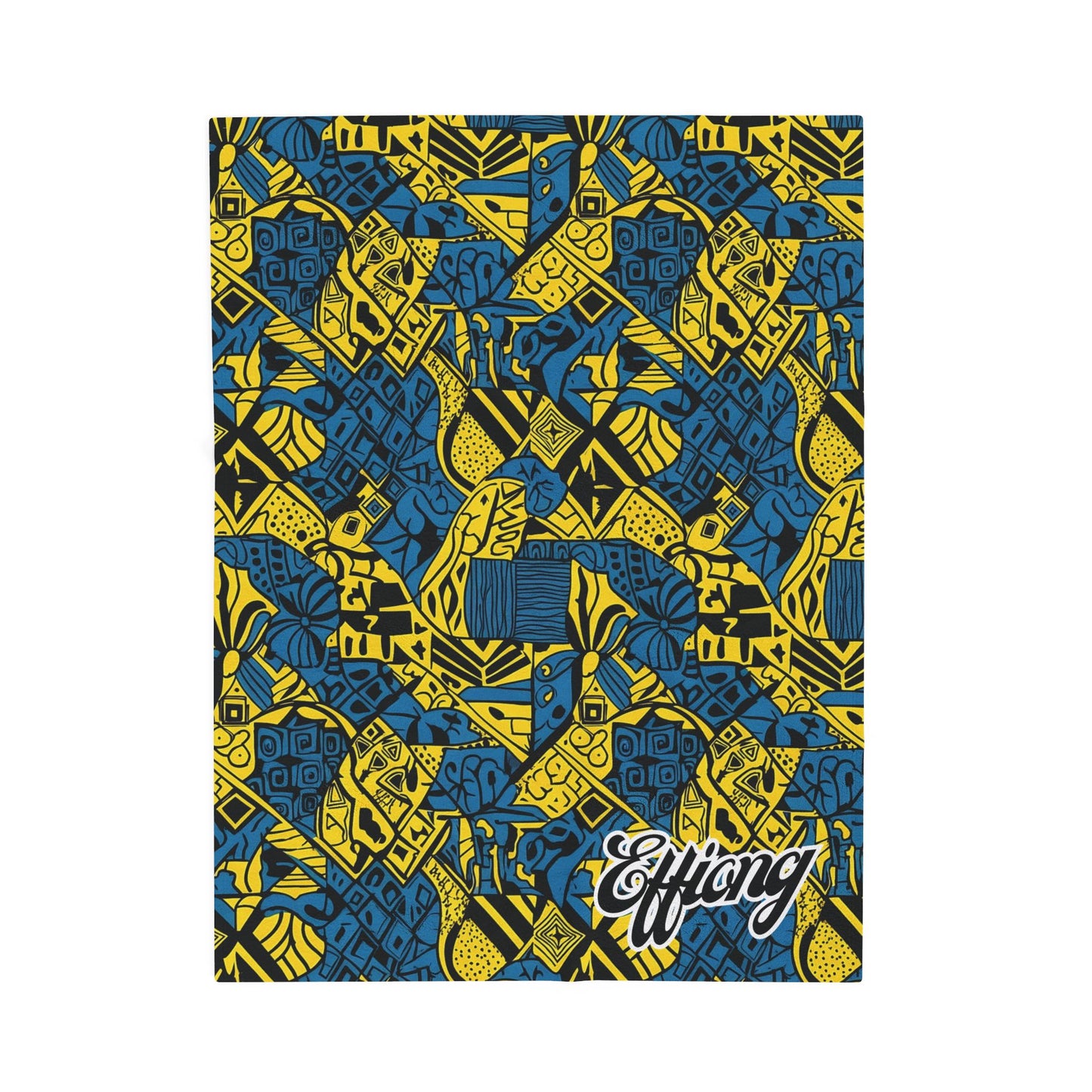 A rectangular notebook cover with an intricate blue and yellow geometric pattern, featuring stylized African-inspired shapes and motifs—echoing the vibrant designs of an African-inspired blanket. The lower right corner displays Effiong in bold, cursive white font.