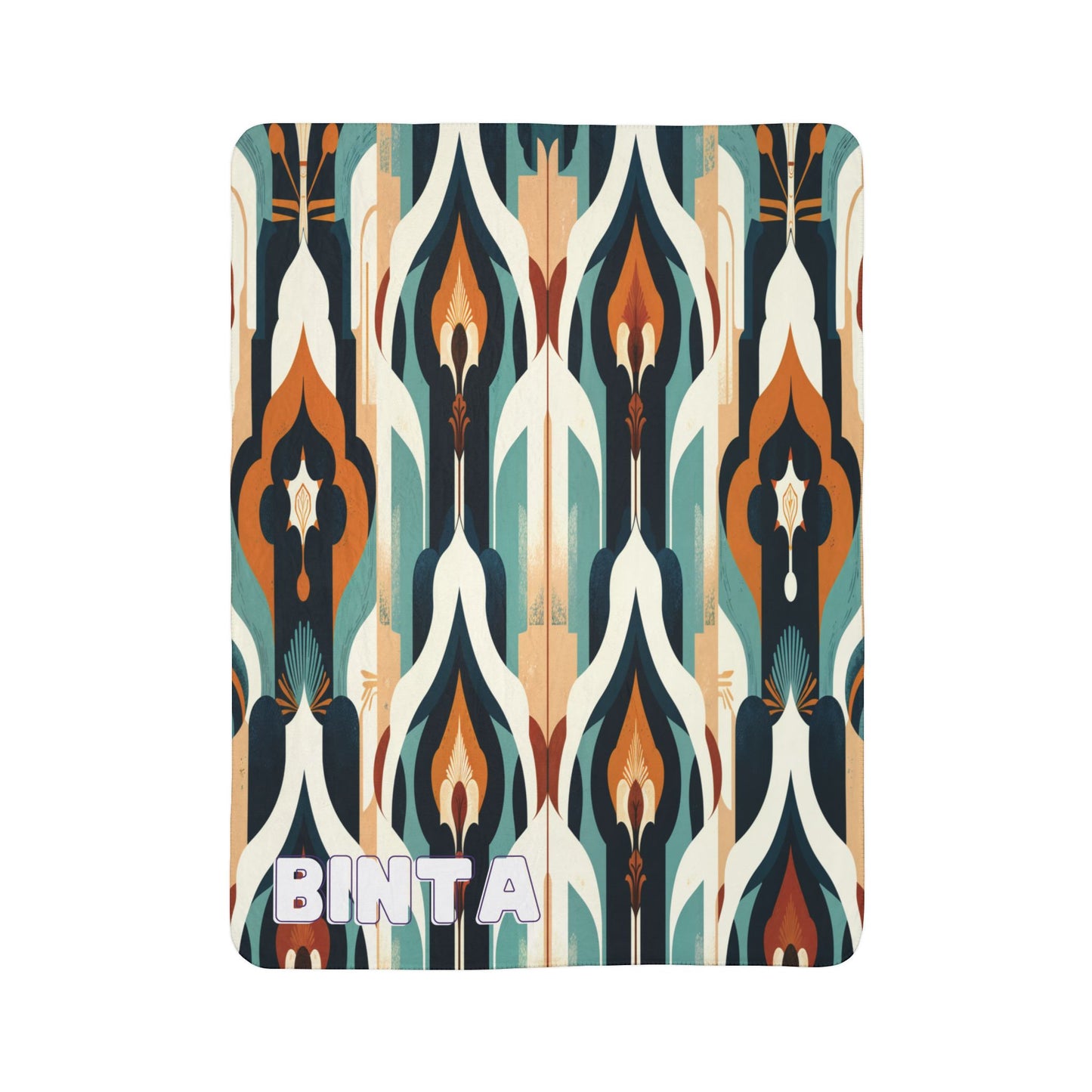 A rectangular, African-inspired fleece blanket with an abstract Art Deco-style pattern in teal, orange, cream, and navy blue. The bottom left corner spells “BINTA” in bold purple letters. Made from cozy sherpa fleece. Background is white.