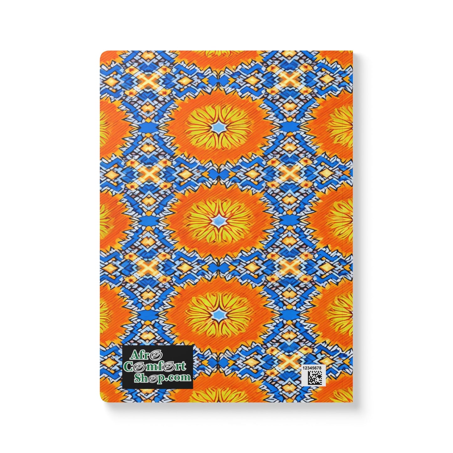 A rectangular mat featuring a bold, symmetrical pattern of orange and yellow sunburst shapes, interlaced with blue and white geometric designs—perfect inspiration for creative journal or daily journaling sessions. The bottom left corner displays a green Alre Comfort Shop.com logo and QR code.
