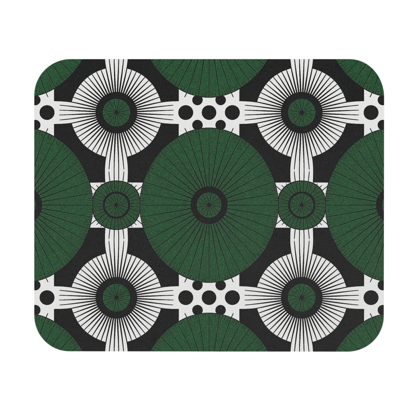 A geometric pattern with large green circles radiating lines, white shapes with black lines, and clusters of black dots on a black backdrop—this African-inspired mouse pad is a durable desk accessory with striking, symmetrical designs.
