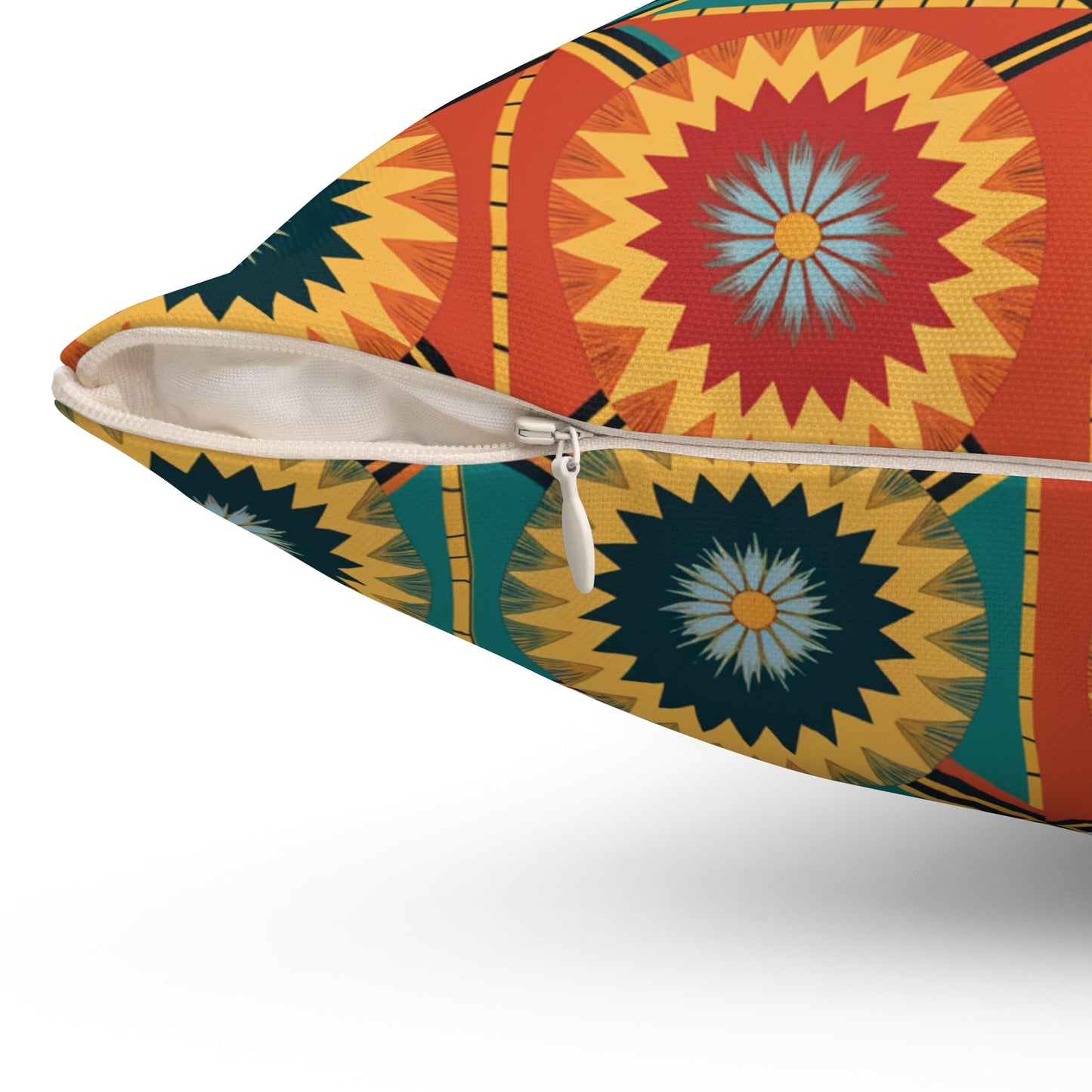 A close-up of a pillow with a white zipper partially open. Featuring vibrant patterns and starburst shapes in red, yellow, blue, and orange on textured fabric, this African-inspired pillow adds bold style to any home decor. The background is plain white.
