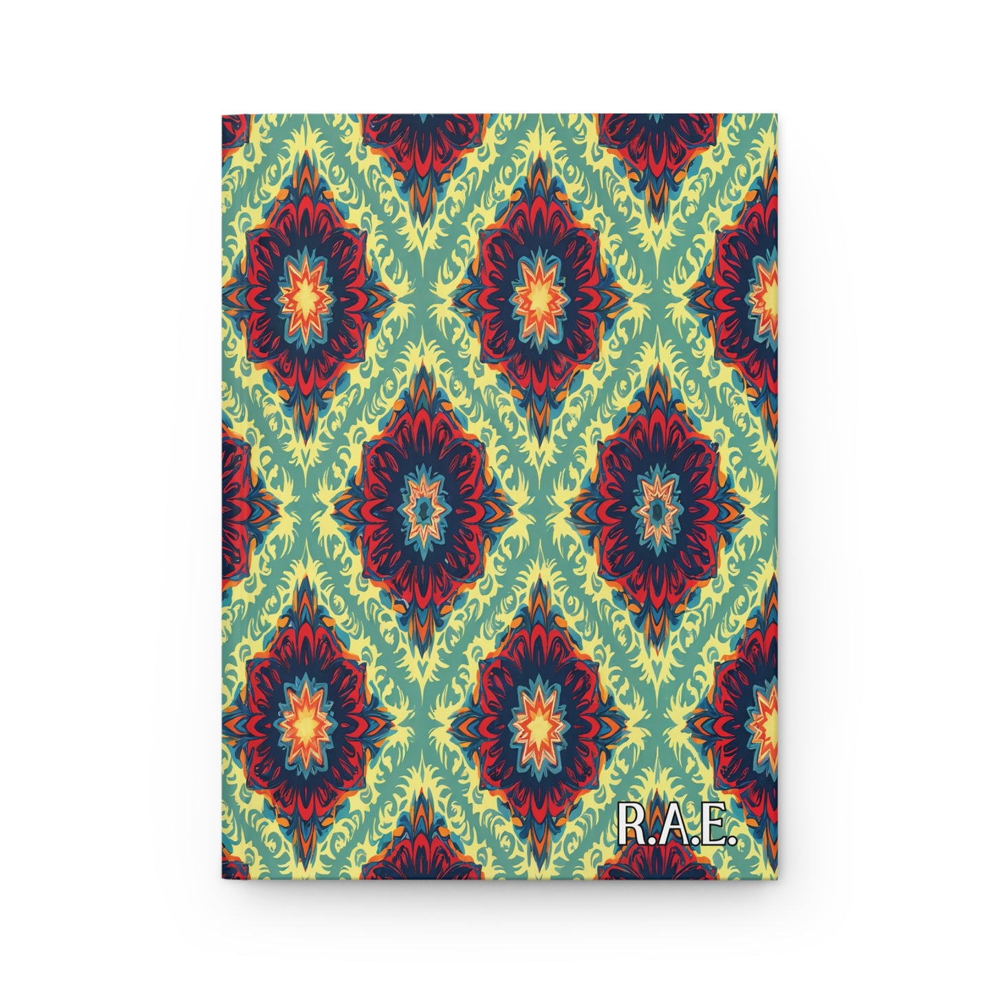 A square tile with a colorful, intricate geometric floral pattern in red, blue, and orange on a green background, arranged in diamond shapes—perfect for an African-inspired personalized journal. The initials “R.A.E.” appear in white text at the lower right corner.