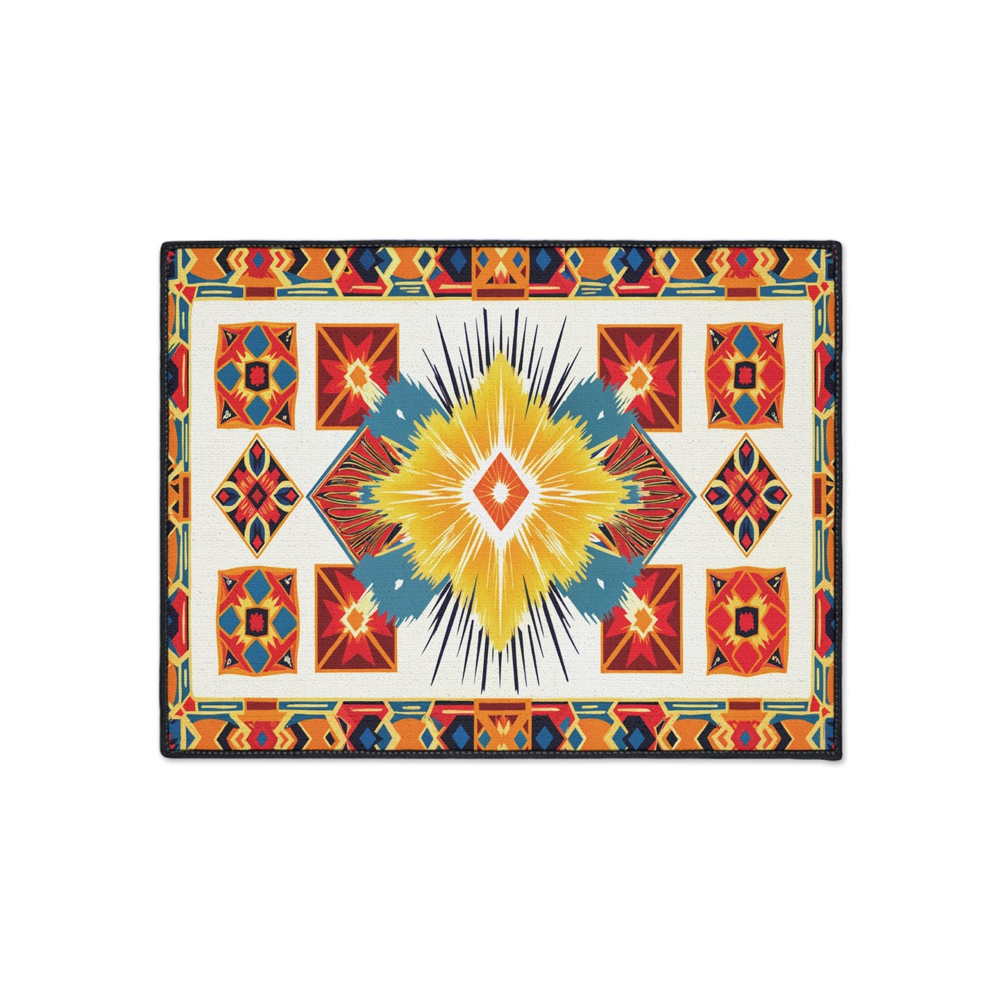 Rectangular rug with a vibrant geometric Southwestern design, tribal-inspired patterns, and a large yellow and blue diamond center. This custom floor mat features non-slip rubber backing for safety on any surface.