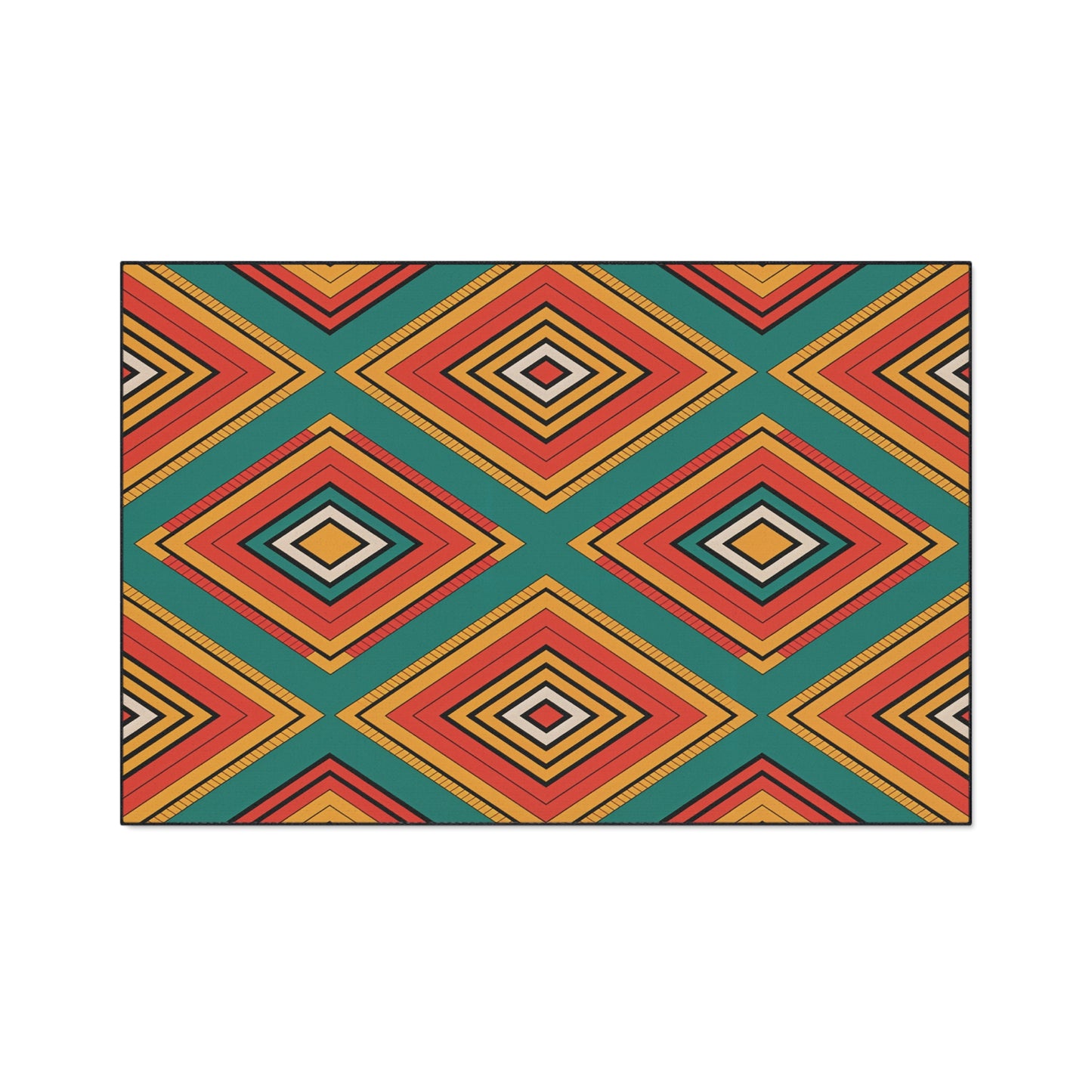 A geometric pattern featuring large diamond shapes in red, orange, yellow, and black, outlined and layered over a teal green background. This design channels African-inspired aesthetics, arranged in a repeating, symmetrical grid across the image.