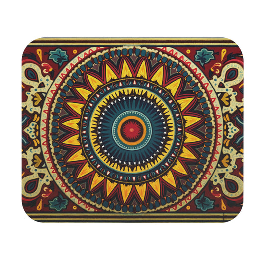 A vibrant, symmetrical mandala with intricate patterns in yellow, red, teal, and navy blue. This African-inspired mouse pad features radiating petals, geometric shapes, and decorative elements on a rectangular background with a non-slip rubber base.