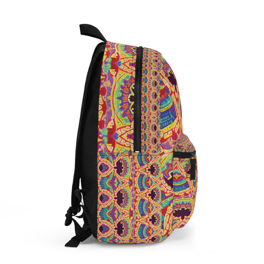 A side view of a boho chic rucksack featuring a vibrant, multicolored mandala-inspired pattern. Intricate geometric and floral shapes in red, yellow, blue, and purple stand out against the solid black zipper, back panel, and straps.