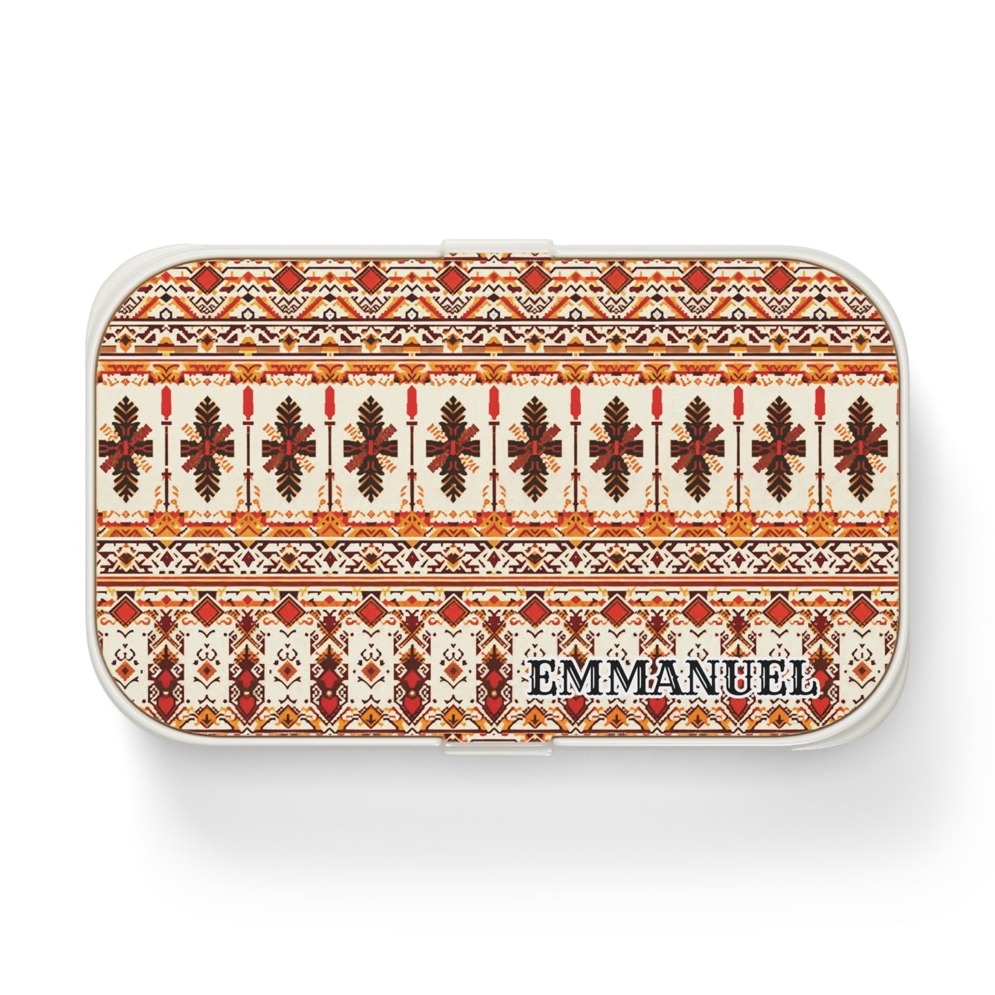 A rectangular, African-inspired lunch box with a red and brown geometric and leaf pattern on a cream background. EMMANUEL is printed in bold black letters in the bottom right corner. The case has rounded edges and a white border.