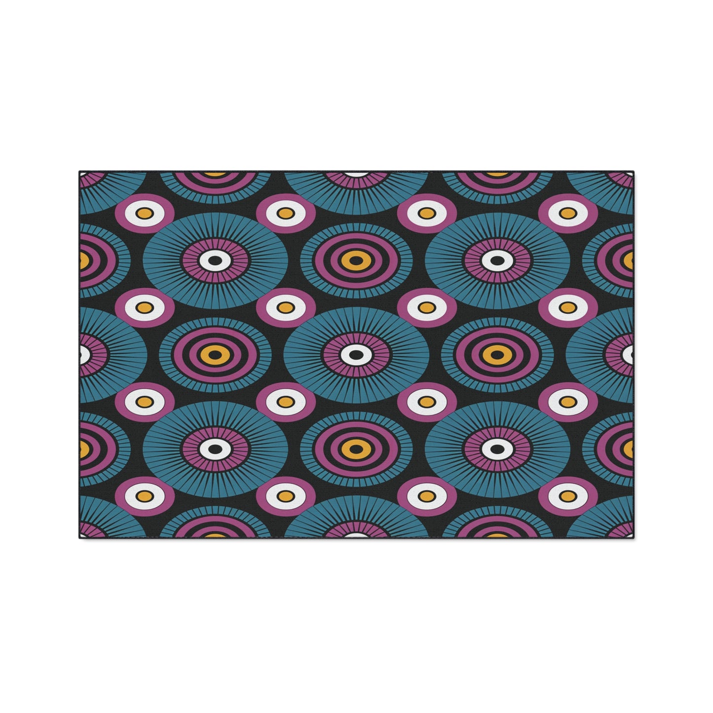 A seamless geometric pattern features concentric circles in teal, purple, pink, and orange on a dark background. The design’s retro, optical illusion style is perfect for custom floor mats with non-slip rubber backing.