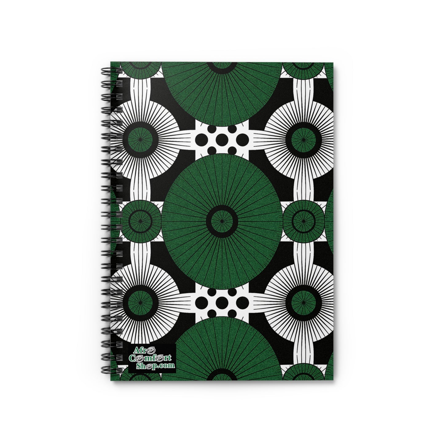 A premium writing journal, this spiral-bound notebook features a bold geometric pattern of green and white circular shapes, black dots, and radiating lines on black. “Afro Comfort shop.com” appears in the lower left corner in green and white.