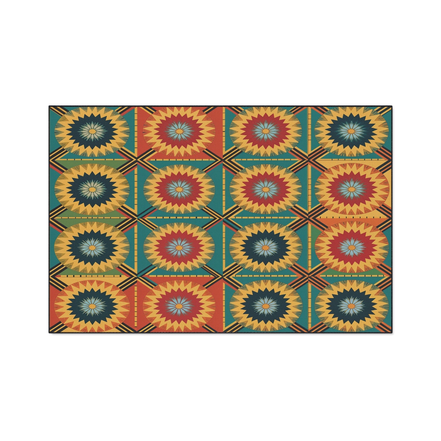 A patterned rug features a grid of sunburst-like shapes in yellow, teal, olive green, and rust red. Each square has a symmetrical starburst with alternating colors, echoing African-inspired aesthetics on a white background. Includes non-slip rubber backing.
