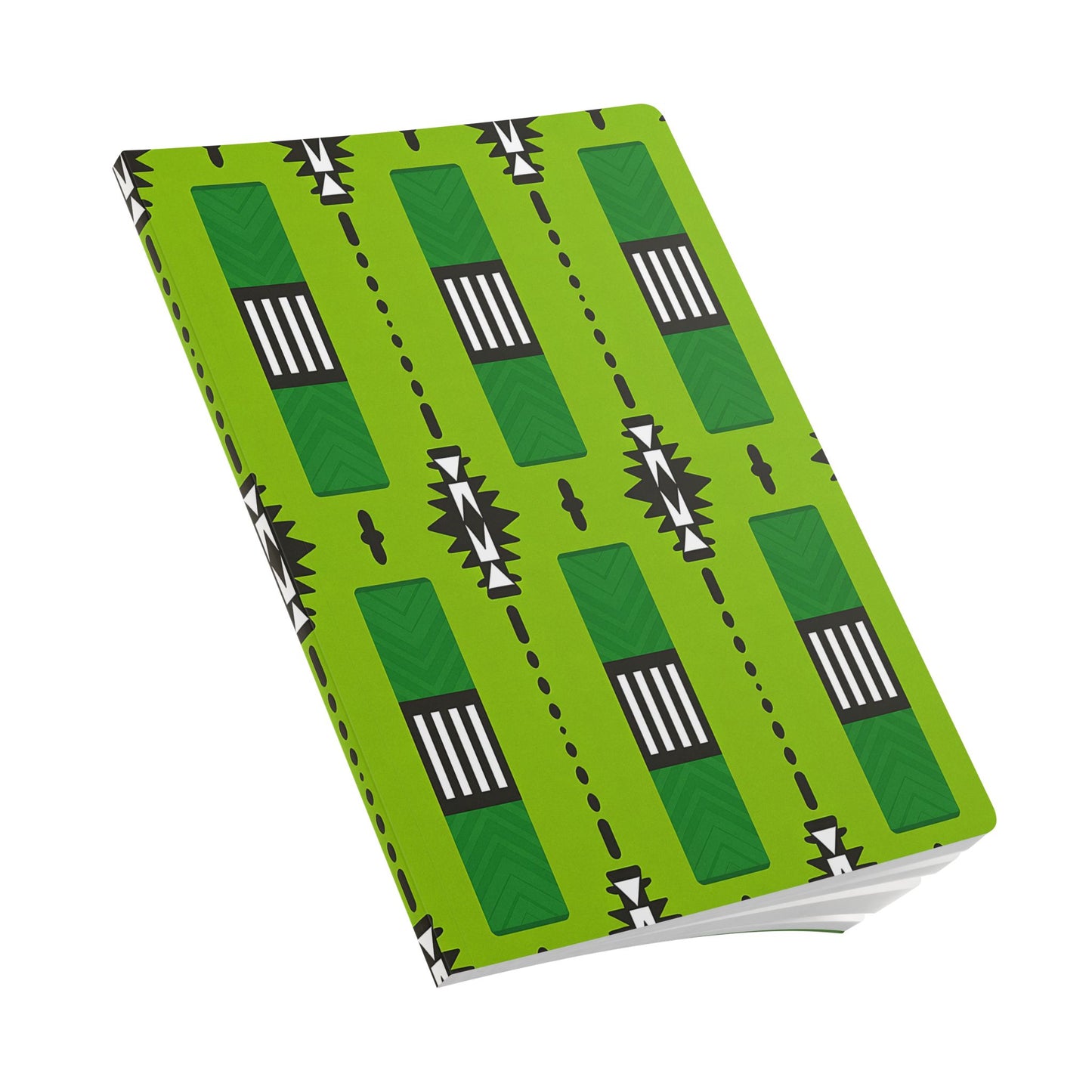 A notebook with a vibrant green cover featuring a geometric black and white pattern of rectangles, vertical lines, and small triangles—perfect as an African-inspired journal for creative journaling. Slightly open, it reveals crisp white pages inside.