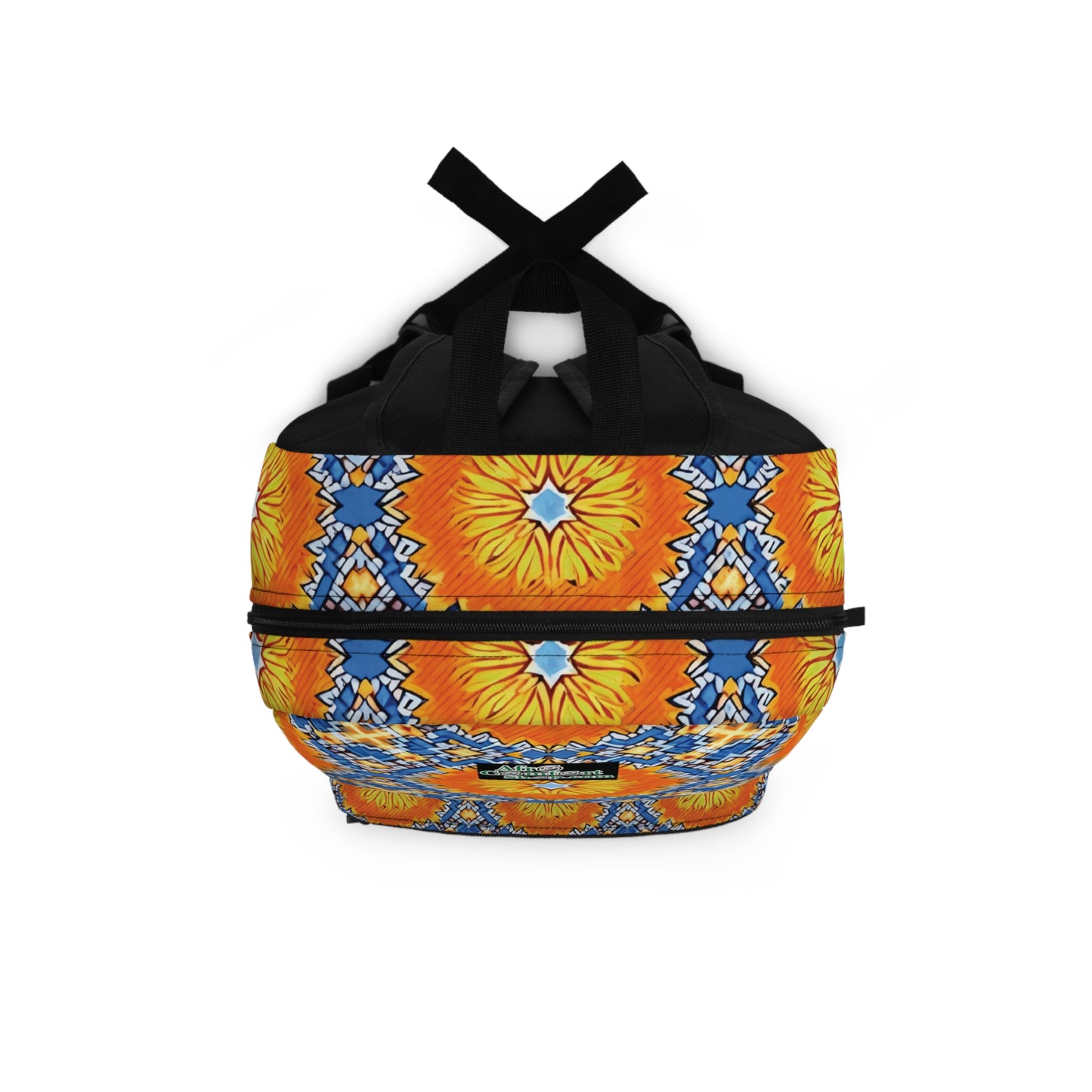 A duffel bag with black handles and a vibrant, symmetrical pattern. The design features large yellow-orange floral shapes and blue-white geometric accents, inspired by African vibrant designs, set against a bright background wrapping the bag.