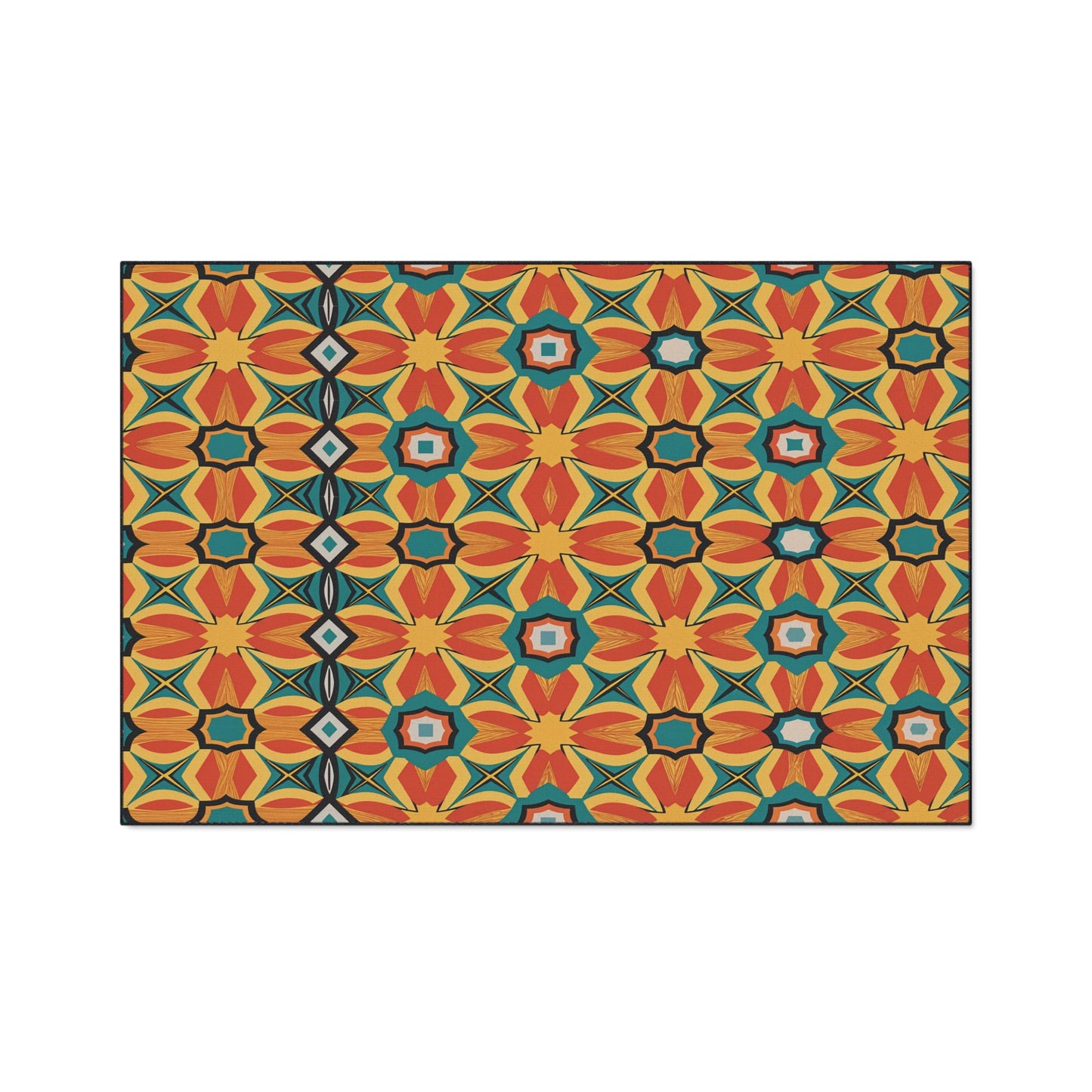 A rectangular rug with a vibrant geometric pattern draws on African-inspired aesthetics in orange, red, yellow, teal, and blue. Its repeating star and diamond shapes create a symmetrical, kaleidoscopic effect with a mosaic-like appearance.