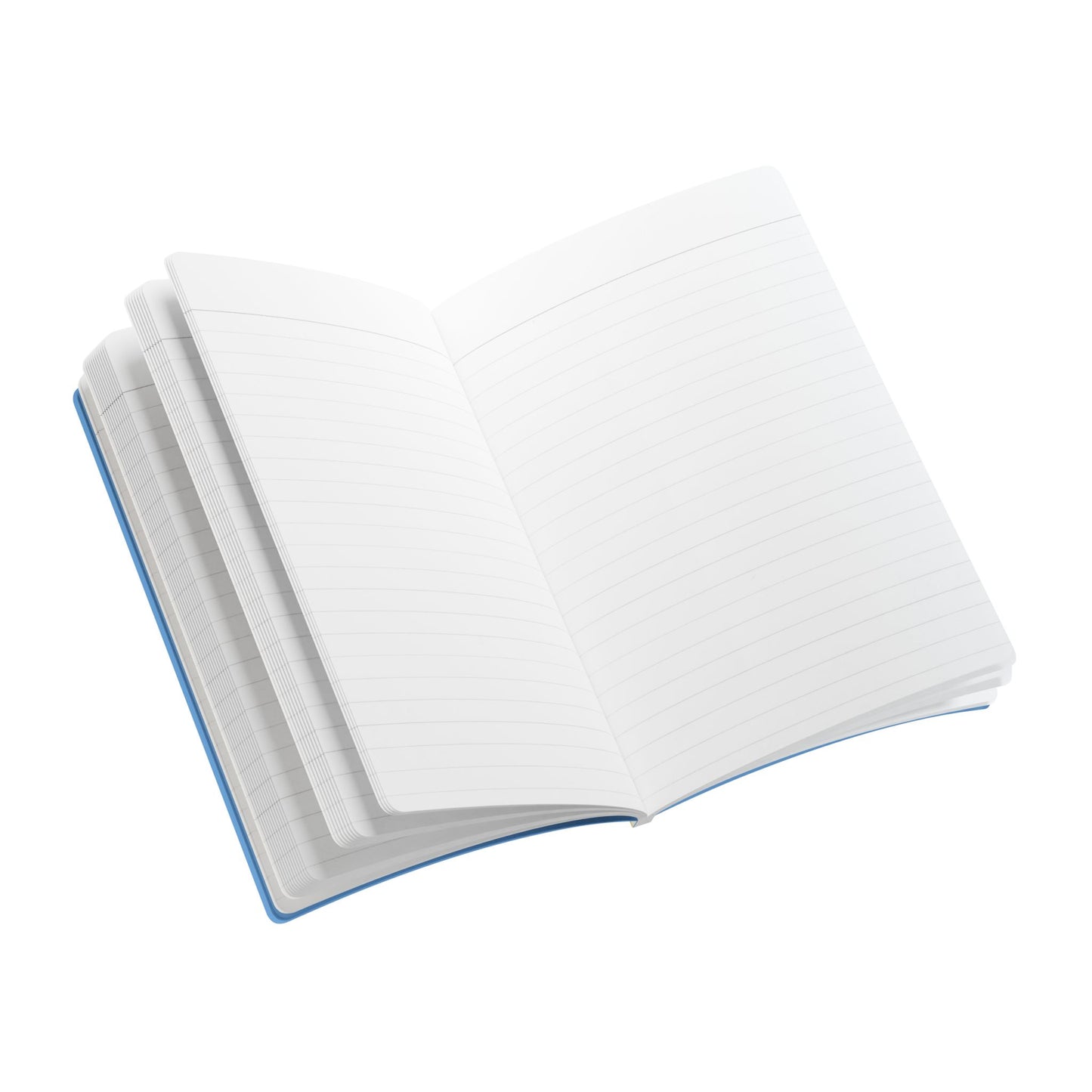 An open, blank, lined creative journal with a blue cover is shown on a white background. Several pages are visible, fanned out to the left, and the notebook appears new and unused—perfect for daily journaling.