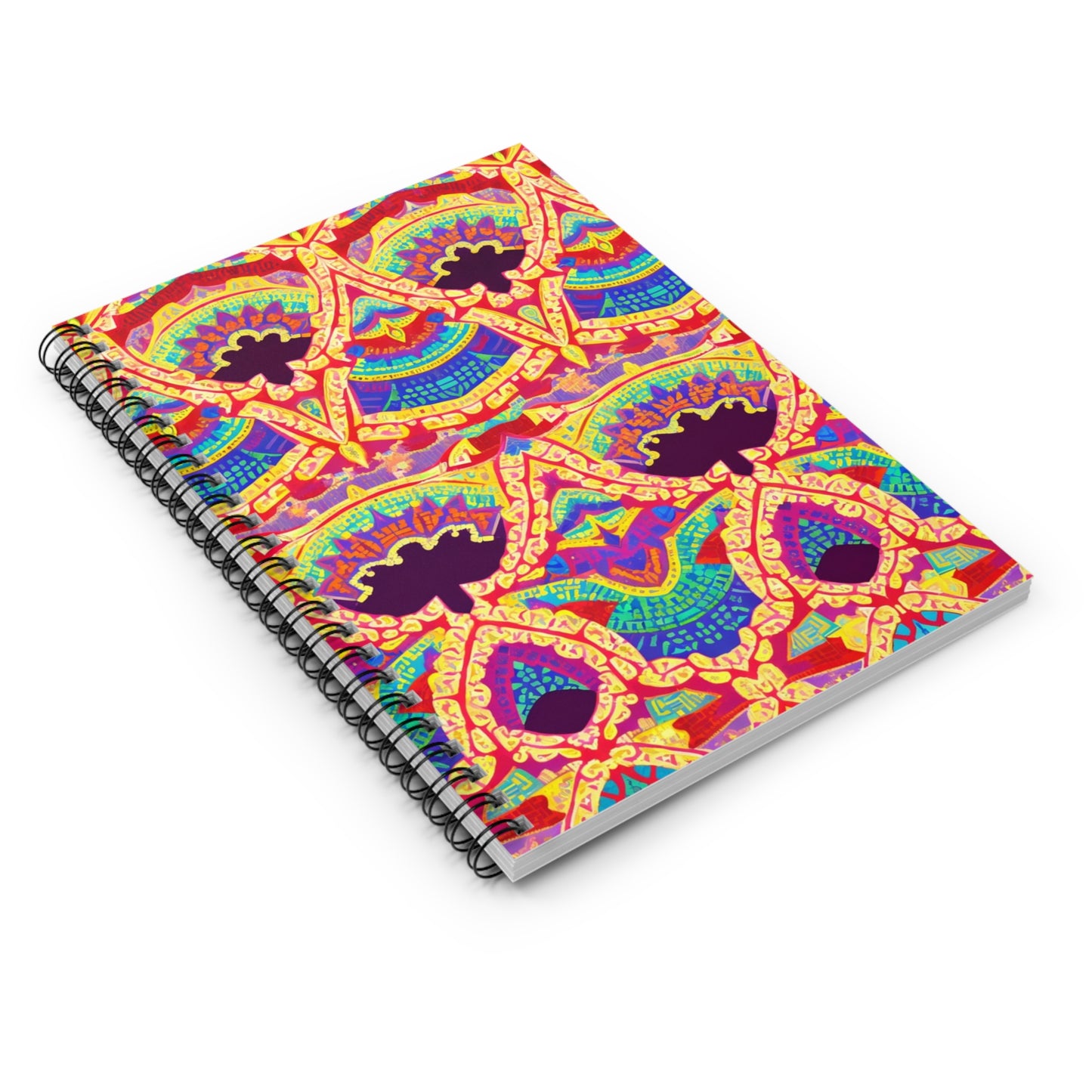 A vibrant, premium writing journal with a spiral binding and an abstract, geometric cover in red, yellow, blue, green, and purple. Intricate lines and symmetrical shapes give this culturally inspired notebook a lively, energetic look. Closed and angled slightly.