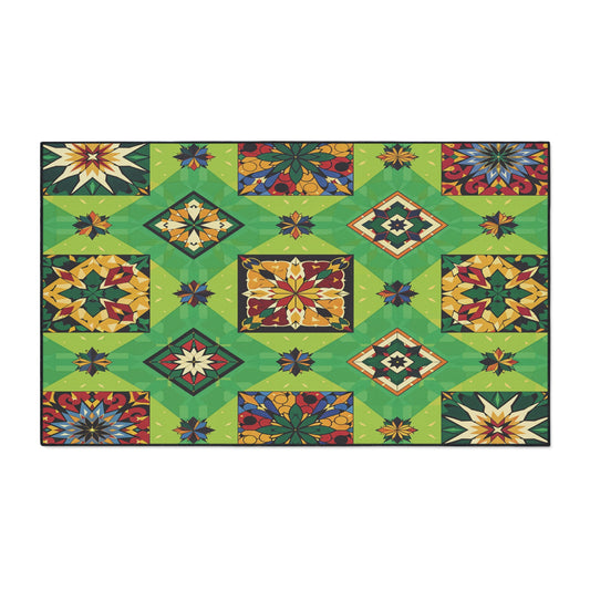 A rectangular rug featuring a colorful patchwork quilt design with geometric and floral patterns, this custom floor mat has non-slip rubber backing for added safety and style—perfect for personalized home decor.