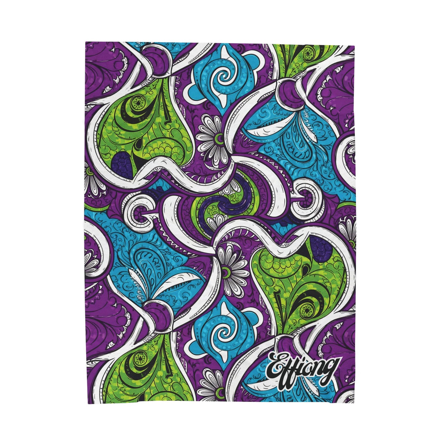 A vibrant, abstract, African-inspired blanket pattern featuring swirling shapes and paisleys in green, blue, and purple. Floral and filigree details fill the design. “Effiong” is written in script on this personalized velveteen blanket.