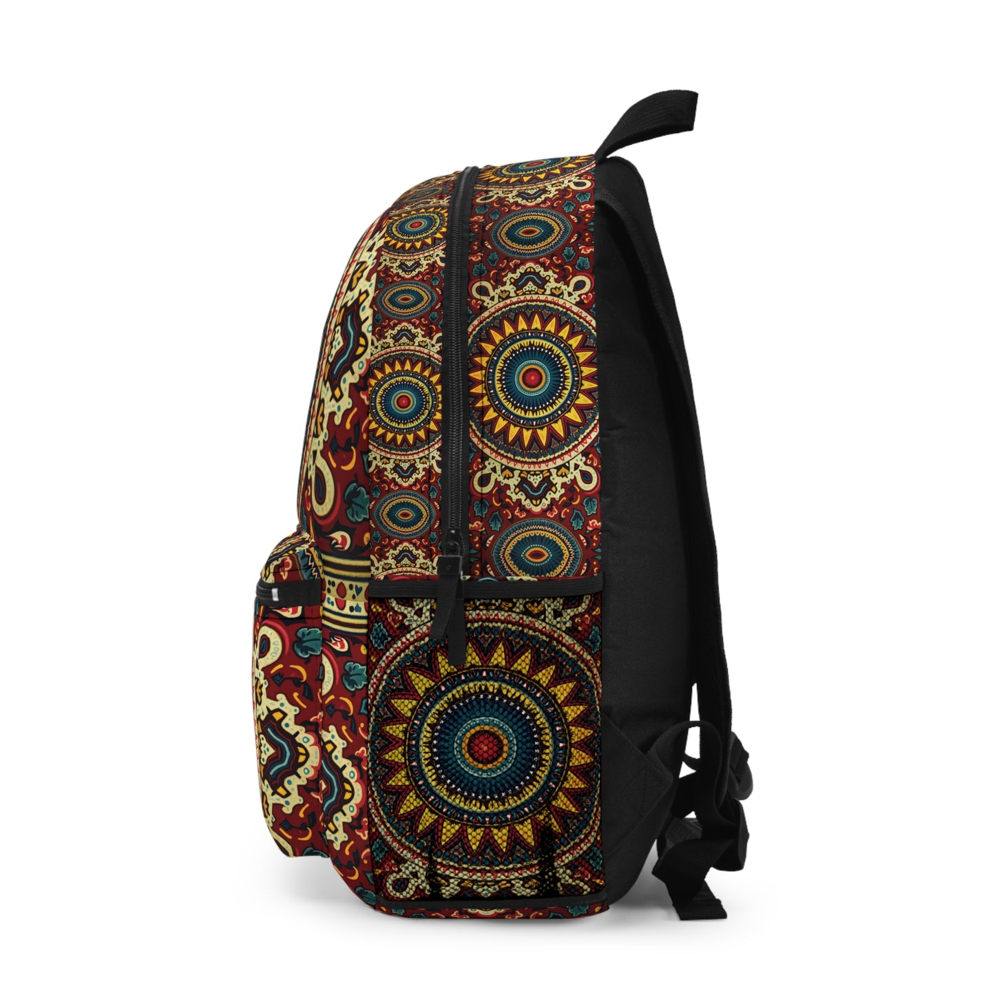 A colorful, African-inspired backpack with vibrant, circular mandala patterns in yellow, blue, red, and teal on a black background. The side view highlights a large zippered compartment and adjustable straps for a bold, artistic look.