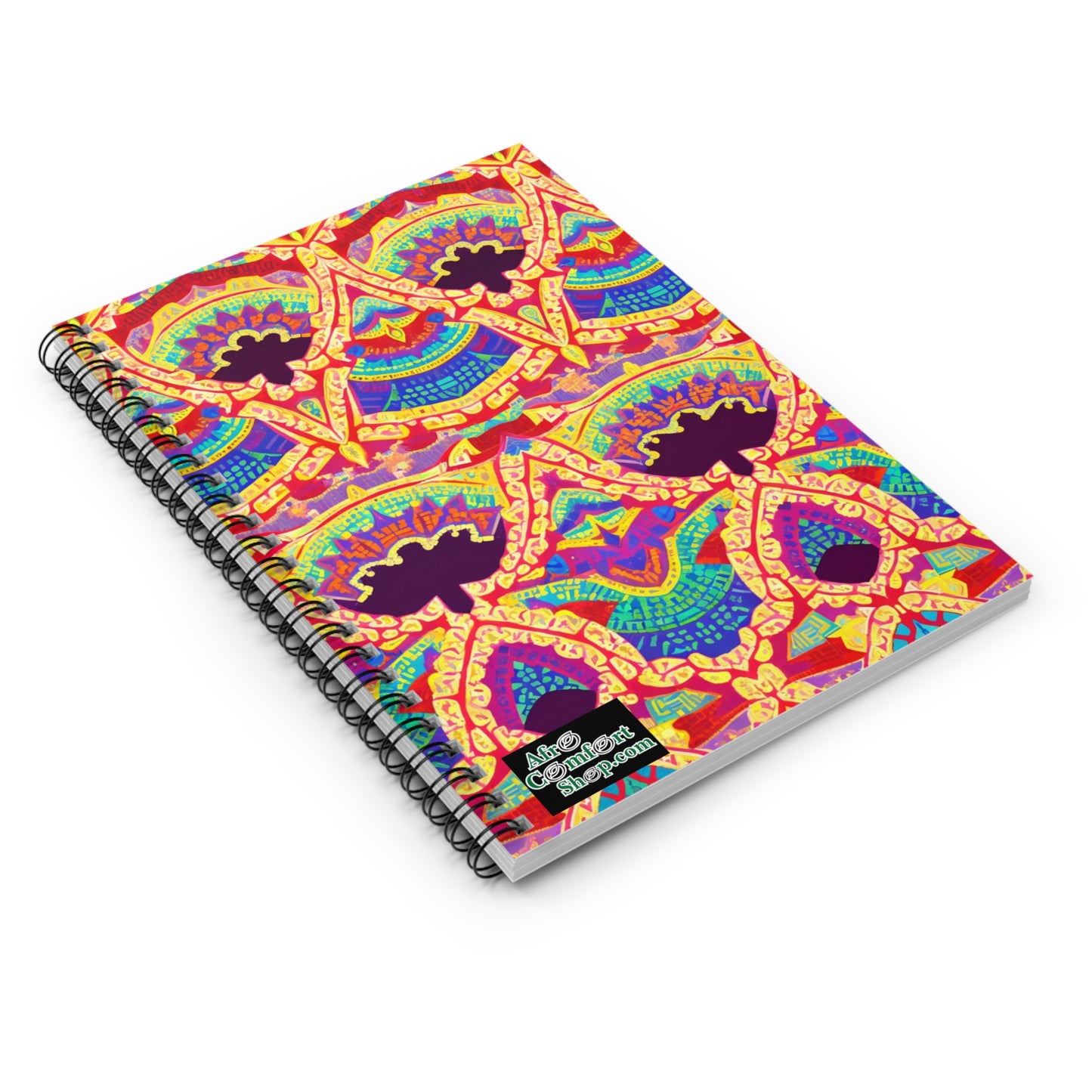 A spiral notebook with a vibrant, abstract cover featuring overlapping geometric shapes and bold patterns in red, orange, blue, green, and yellow. Enjoy a premium writing experience with this culturally inspired Academic Planner.