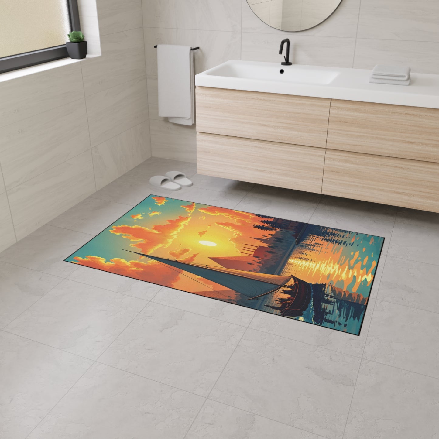 A modern bathroom with light-colored tiles and a wooden vanity. The custom floor mat features a sunset lake scene with orange clouds, sailboats, and pine trees, and has a non-slip rubber backing. A towel and slippers are visible near the wall and sink.