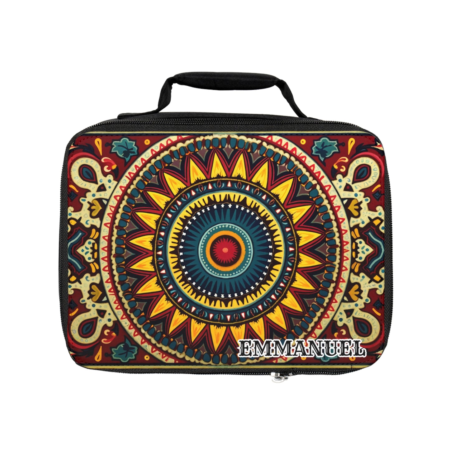 A rectangular African-inspired lunch tote with a vibrant mandala design in red, yellow, blue, and green. This insulated lunch bag has a black handle and features “EMMANUEL” in bold white letters on a cream and brown patterned background.