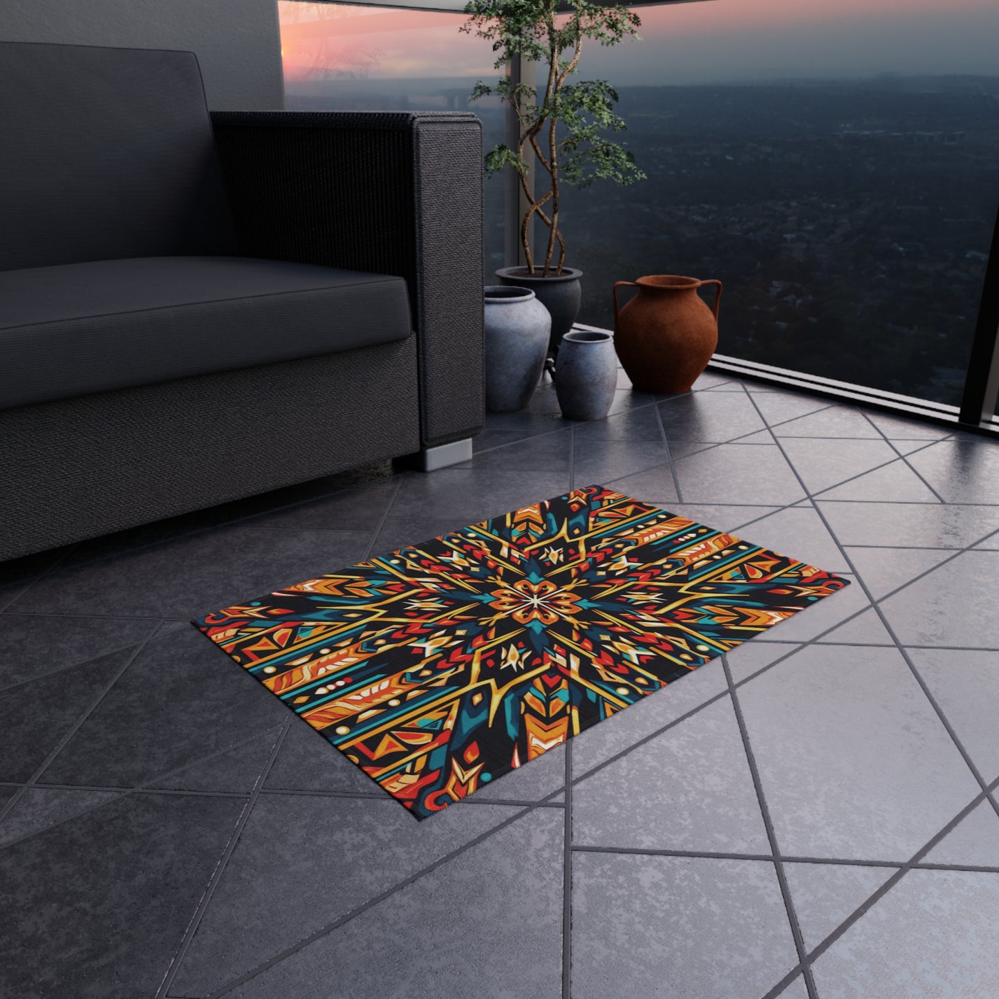 A colorful African-inspired outdoor rug made of weather-resistant polyester chenille lies on a tiled balcony floor at sunset. Nearby are a black cushioned sofa, a green potted tree, and three clay pots, with a cityscape visible under the darkening sky.