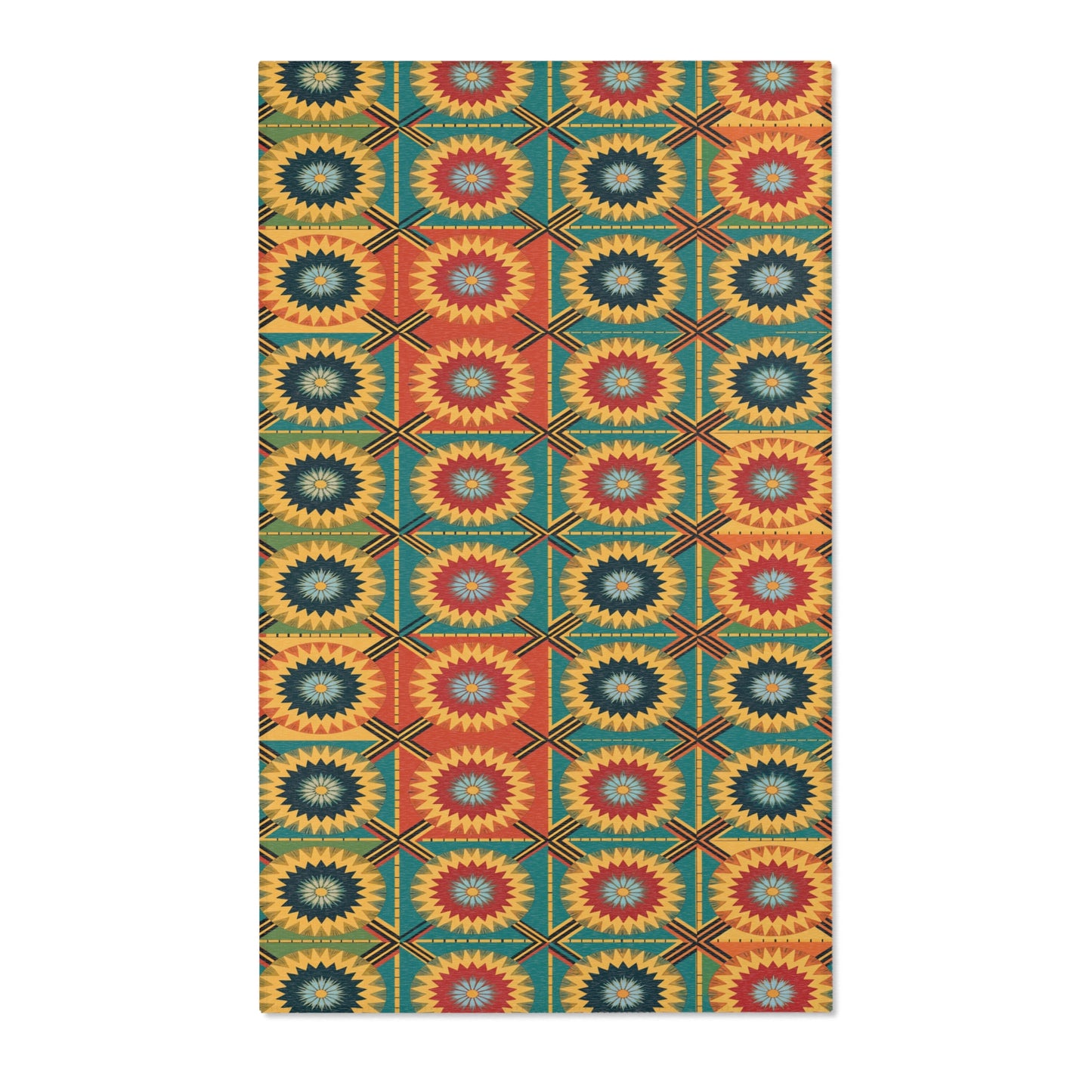 A rectangular textile features a repeating geometric pattern of starbursts in red, blue, and gold. Inspired by African design rugs, each starburst sits within a hexagonal border, creating stylish home decor with a vibrant, symmetrical grid.